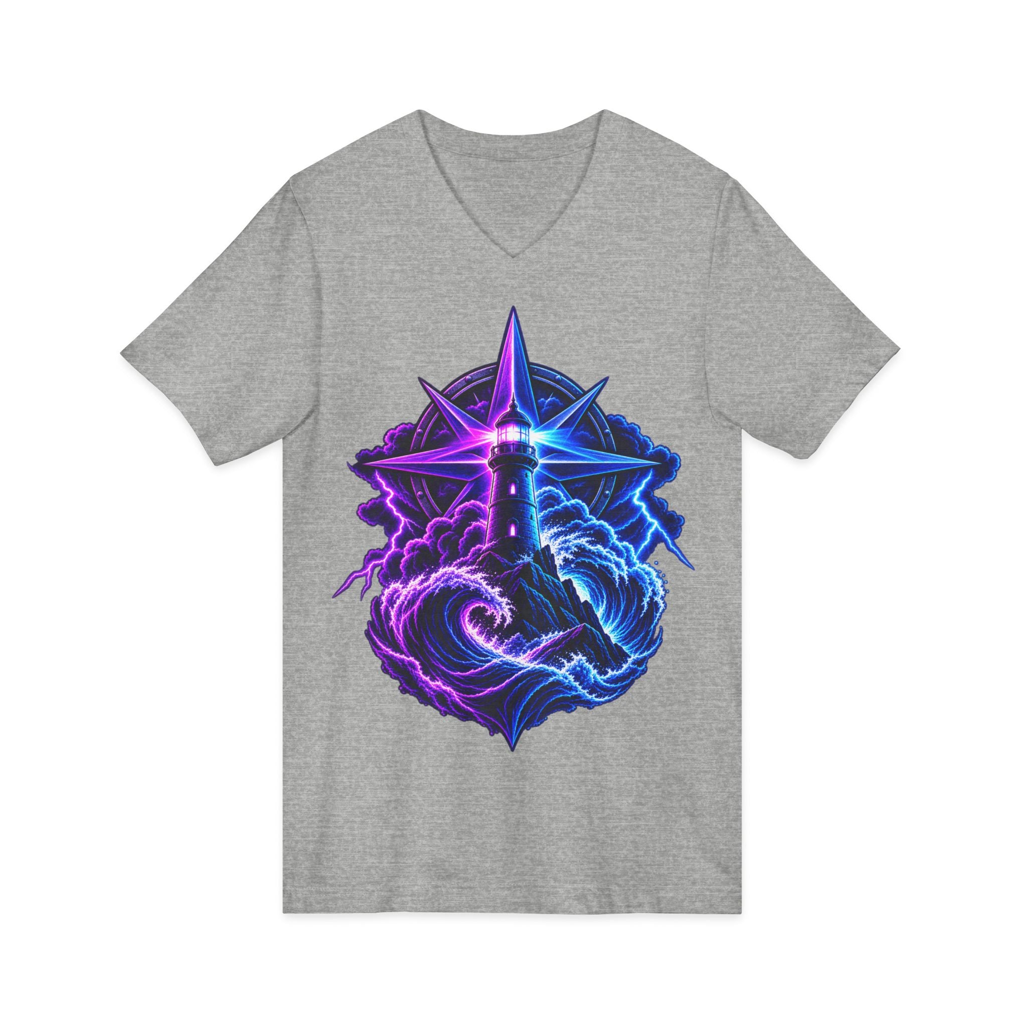 Lighthouse Starwave V‑Neck Tee — Neon Nautical Lighthouse Graphic