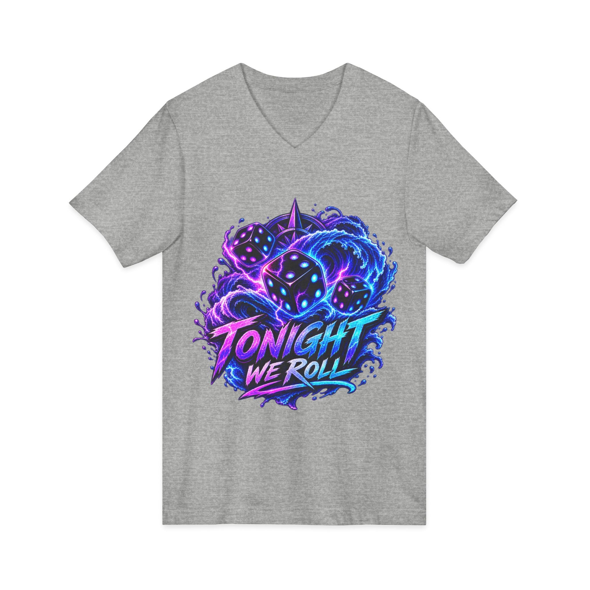 Tonight We Roll V-Neck Tee — Neon Dice Graphic Shirt for Gamers & DnD Players