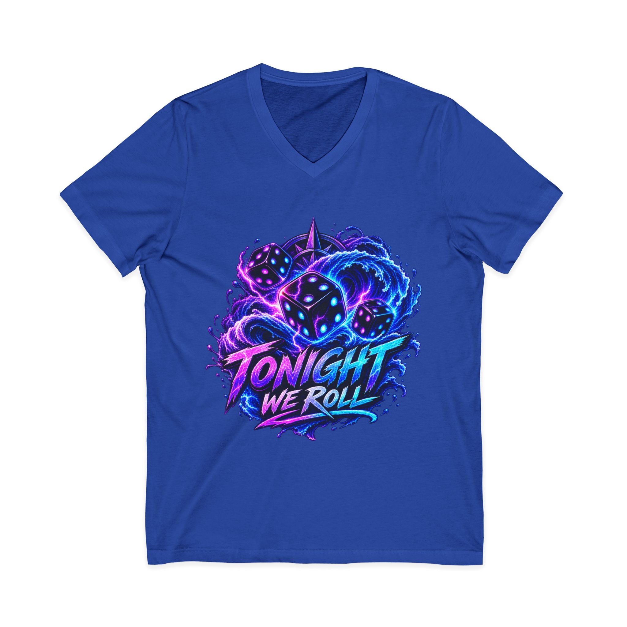 Tonight We Roll V-Neck Tee — Neon Dice Graphic Shirt for Gamers & DnD Players