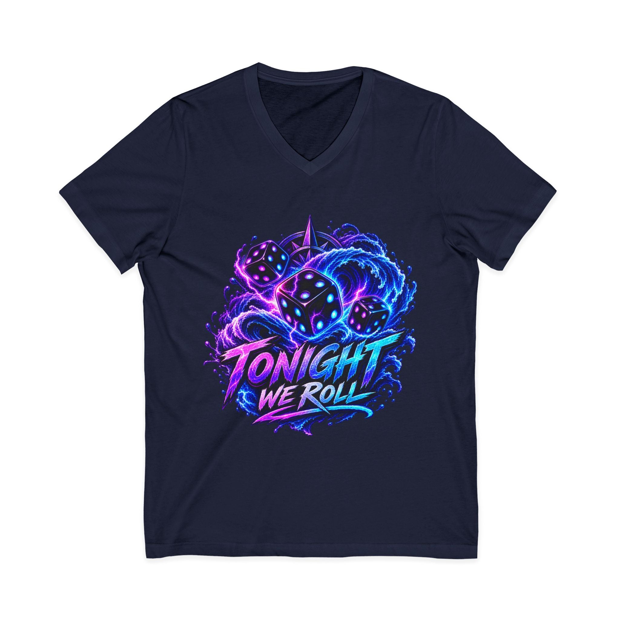 Tonight We Roll V-Neck Tee — Neon Dice Graphic Shirt for Gamers & DnD Players