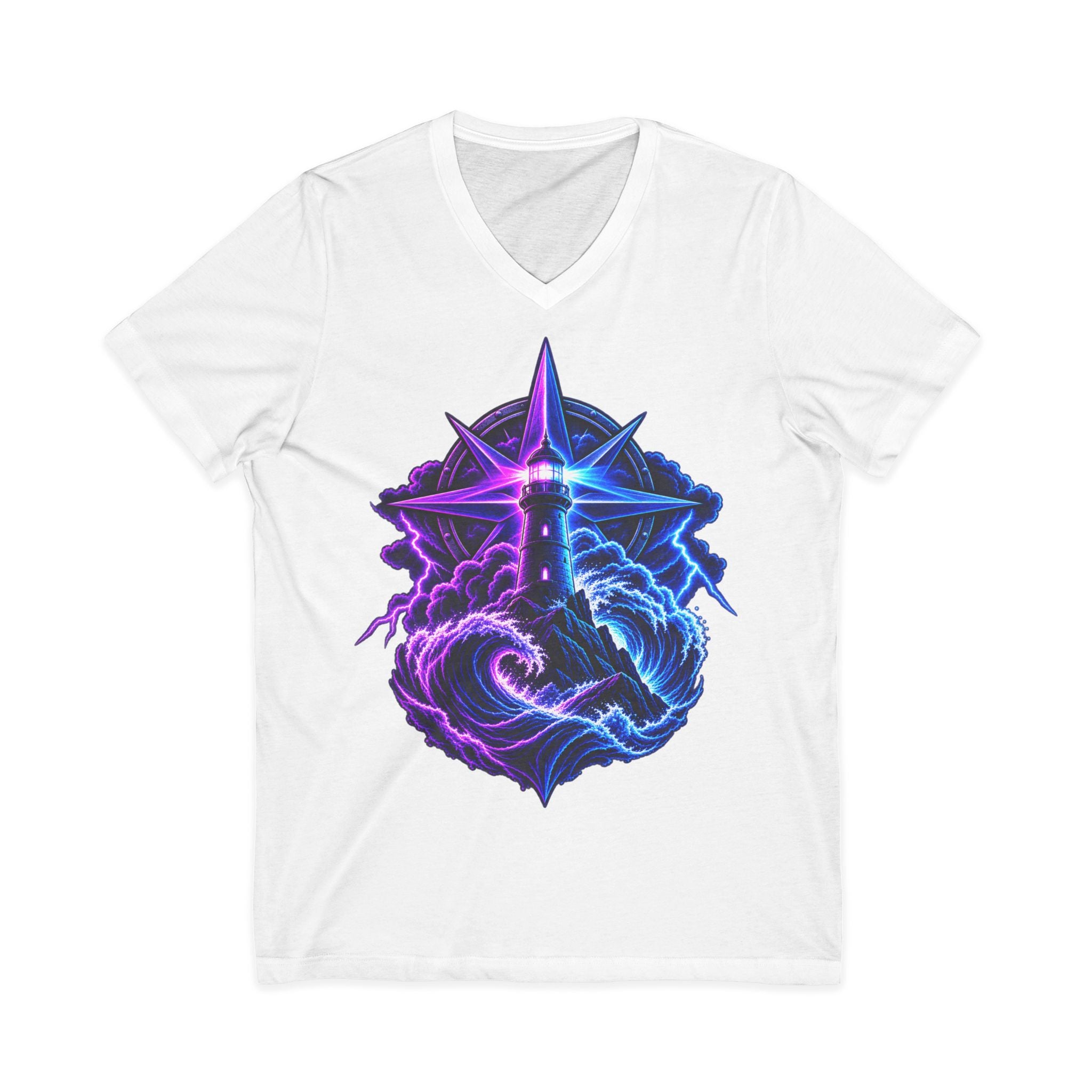 Lighthouse Starwave V‑Neck Tee — Neon Nautical Lighthouse Graphic