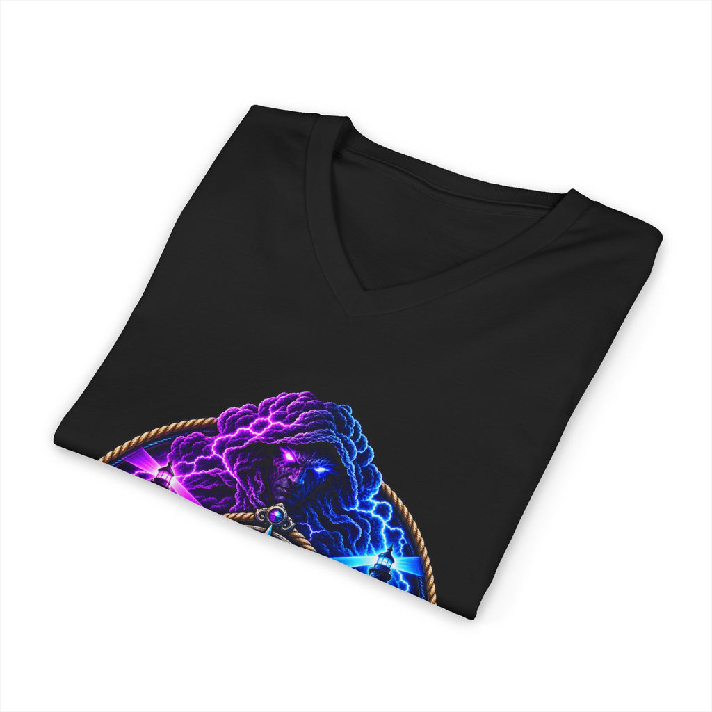 Storm Crew V-Neck Tee — Neon Lightning Graphic Shirt for Gamers & Weather Fans