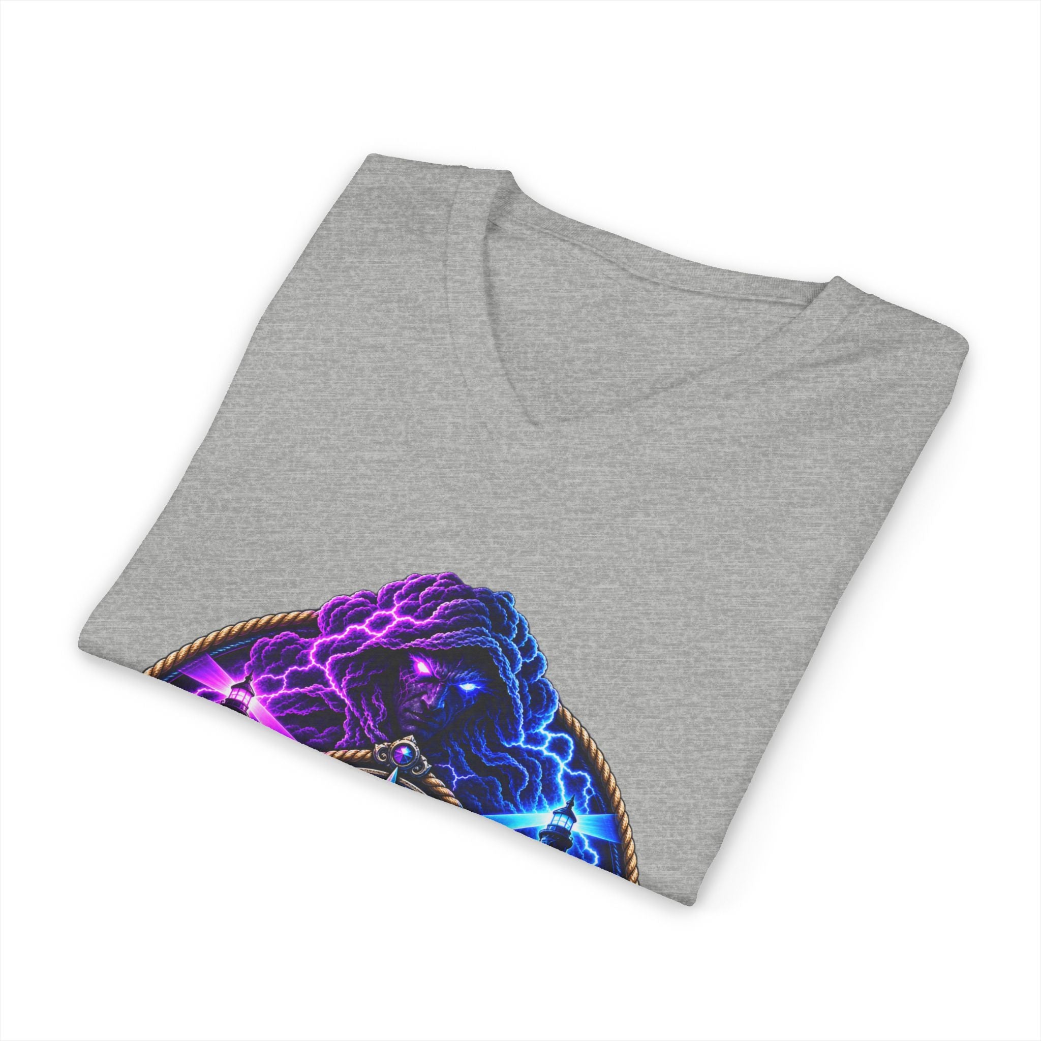 Storm Crew V-Neck Tee — Neon Lightning Graphic Shirt for Gamers & Weather Fans