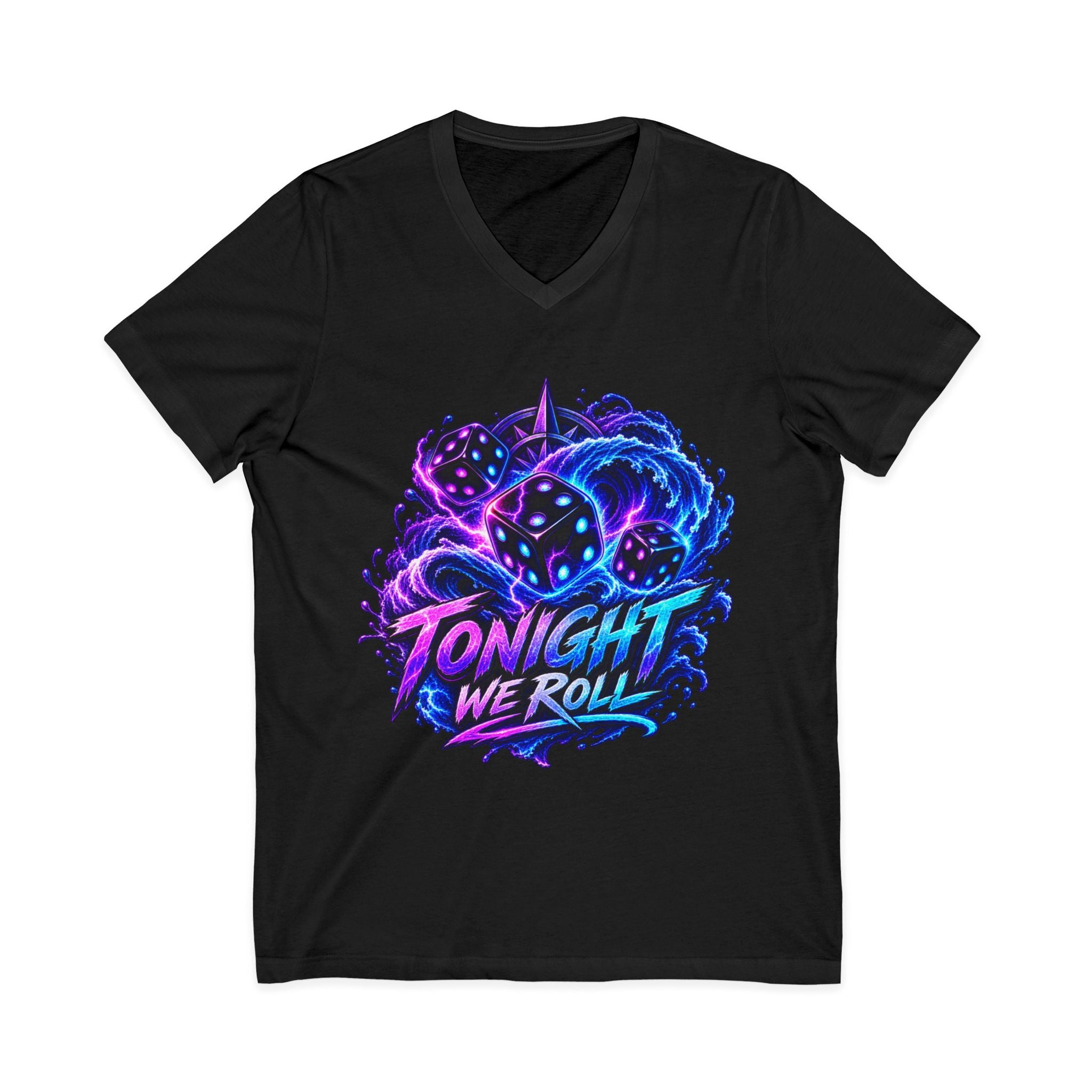 Tonight We Roll V-Neck Tee — Neon Dice Graphic Shirt for Gamers & DnD Players
