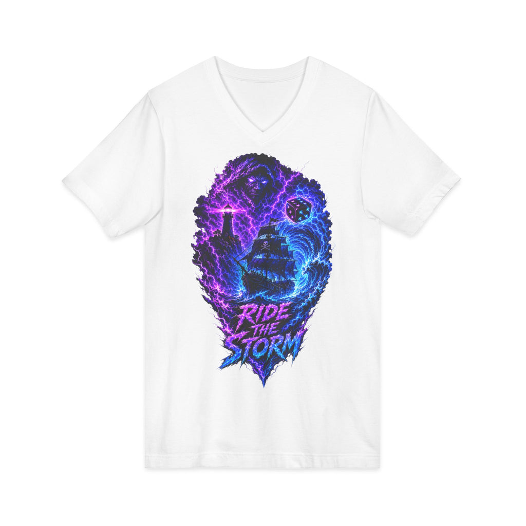 Ride the Storm V-Neck Tee — Neon Surfer Skull Graphic