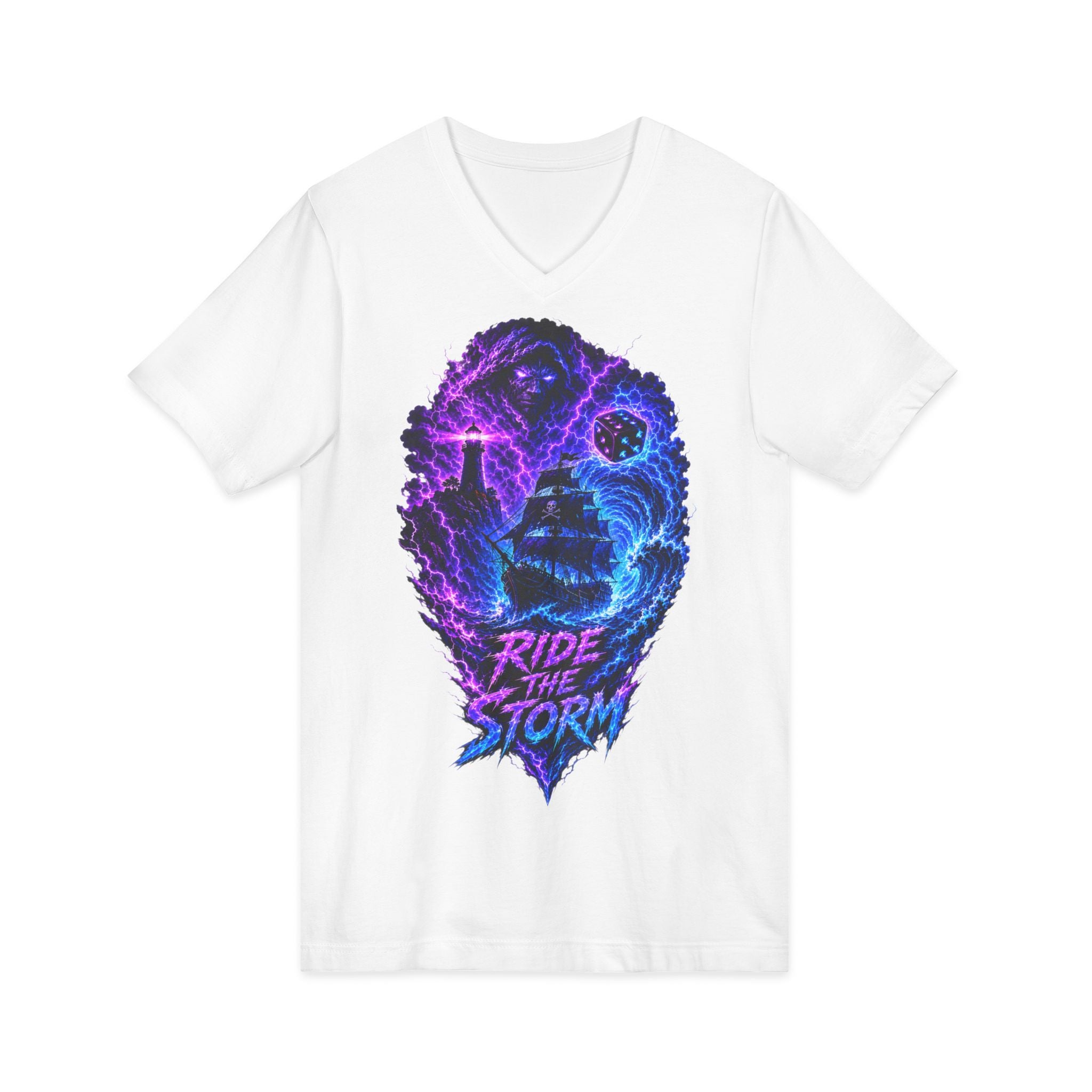 Ride the Storm V-Neck Tee — Neon Surfer Skull Graphic