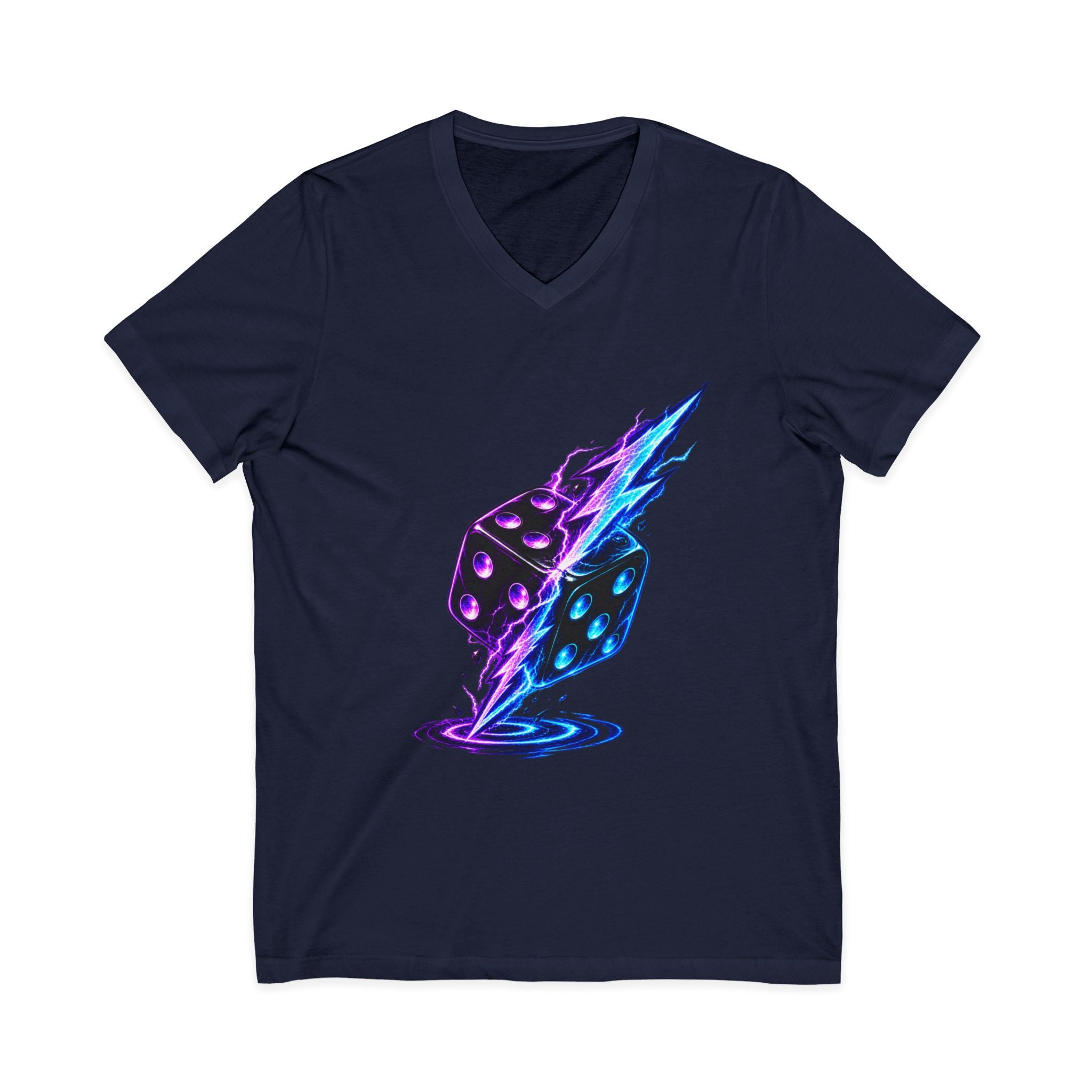 Lightning Dice V‑Neck Tee — Neon Gaming Dice Graphic Shirt