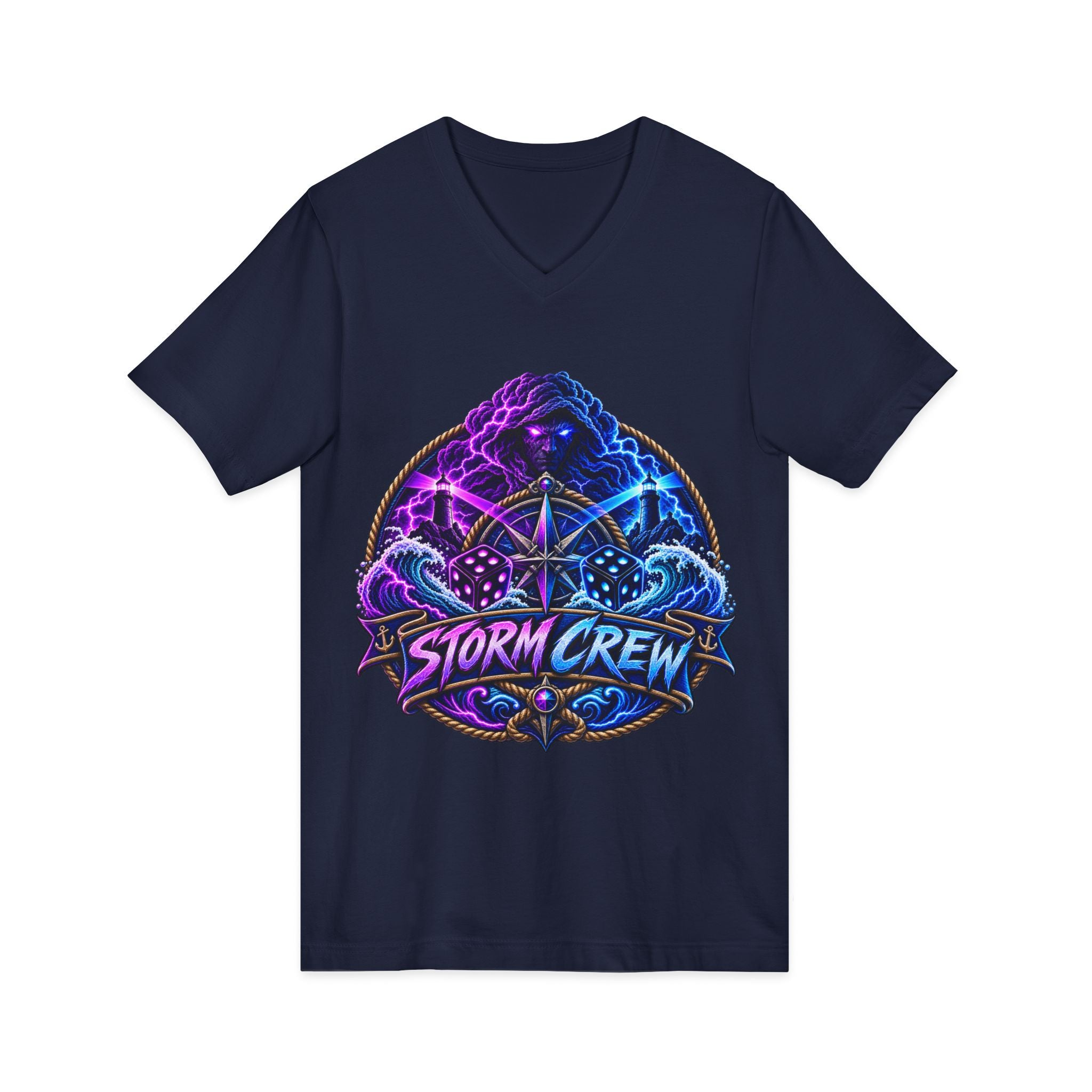 Storm Crew V-Neck Tee — Neon Lightning Graphic Shirt for Gamers & Weather Fans