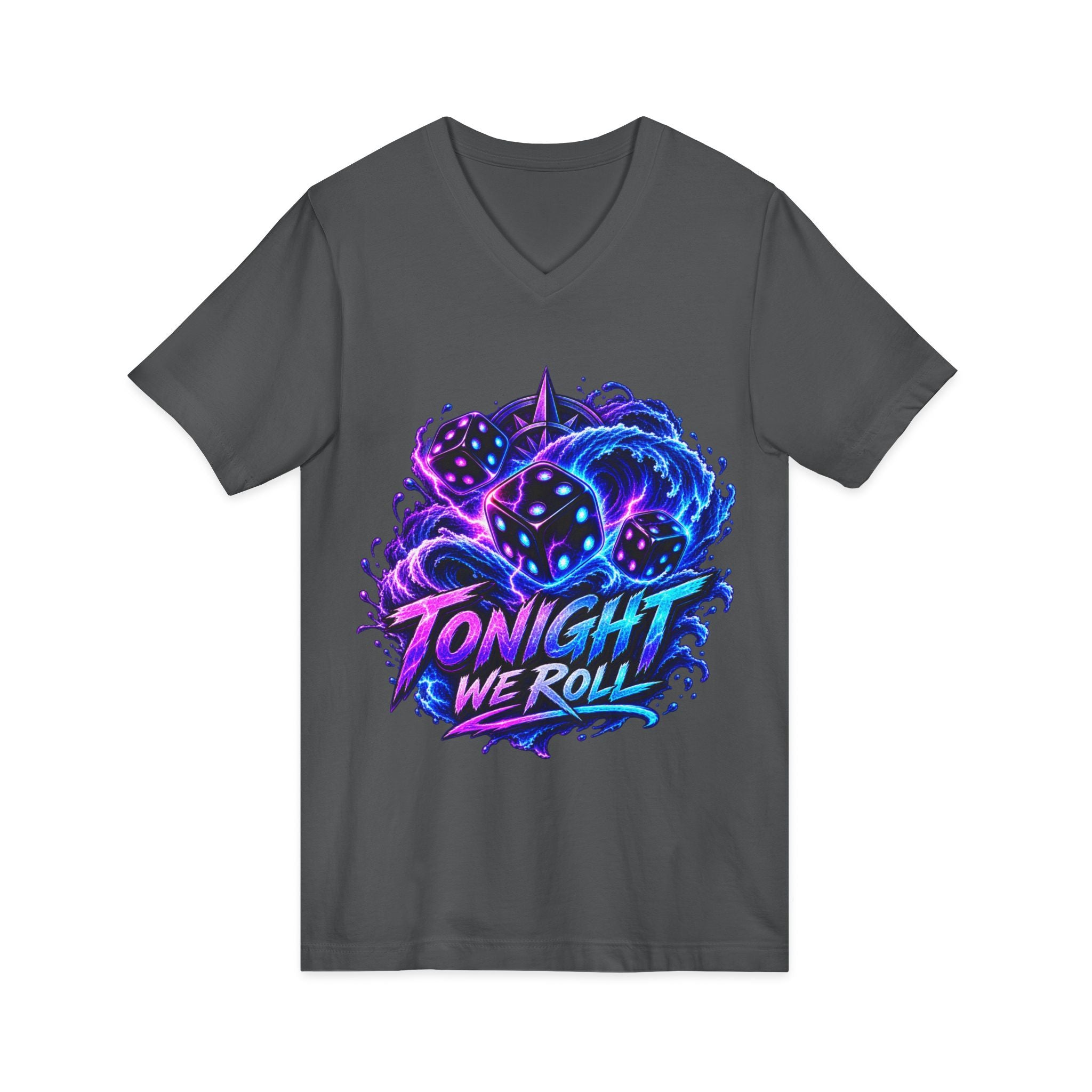 Tonight We Roll V-Neck Tee — Neon Dice Graphic Shirt for Gamers & DnD Players