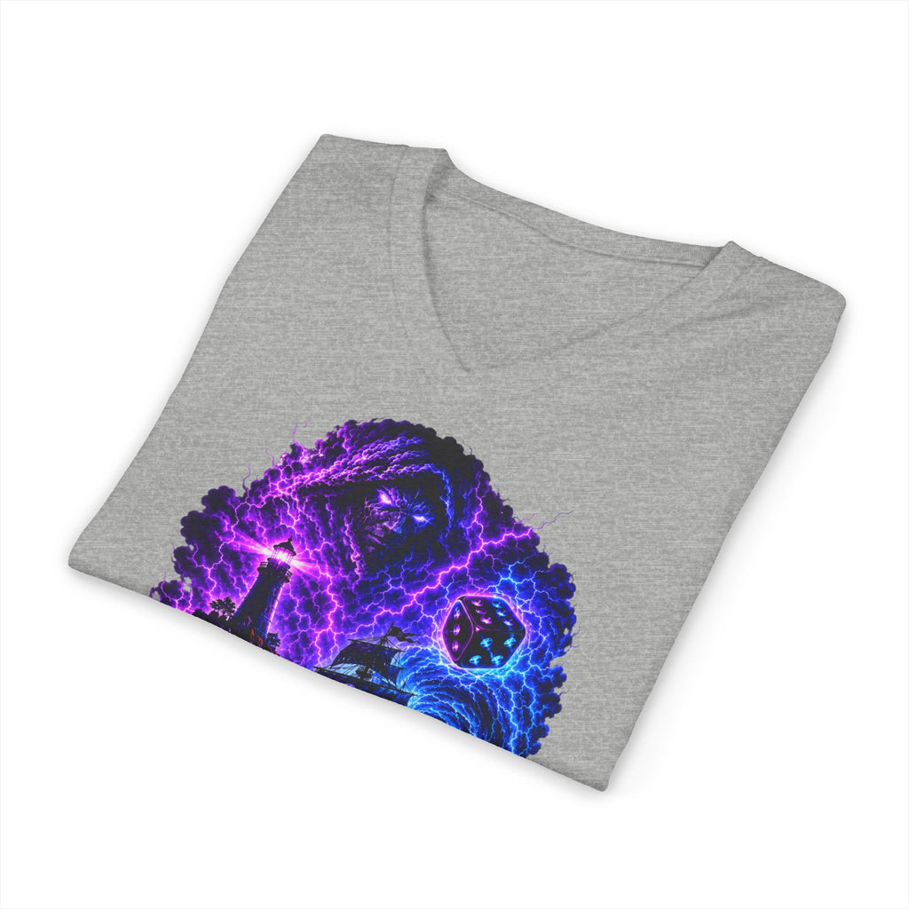 Ride the Storm V-Neck Tee — Neon Surfer Skull Graphic