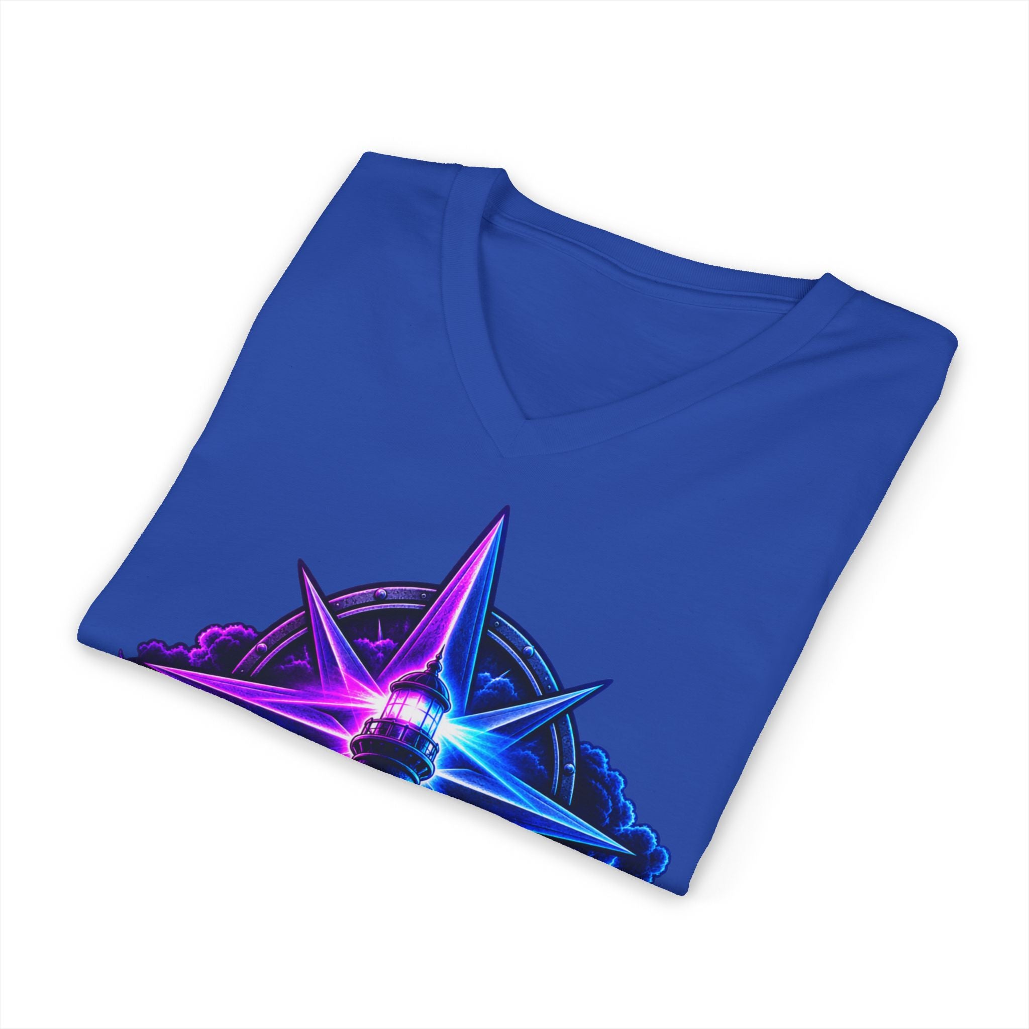 Lighthouse Starwave V‑Neck Tee — Neon Nautical Lighthouse Graphic