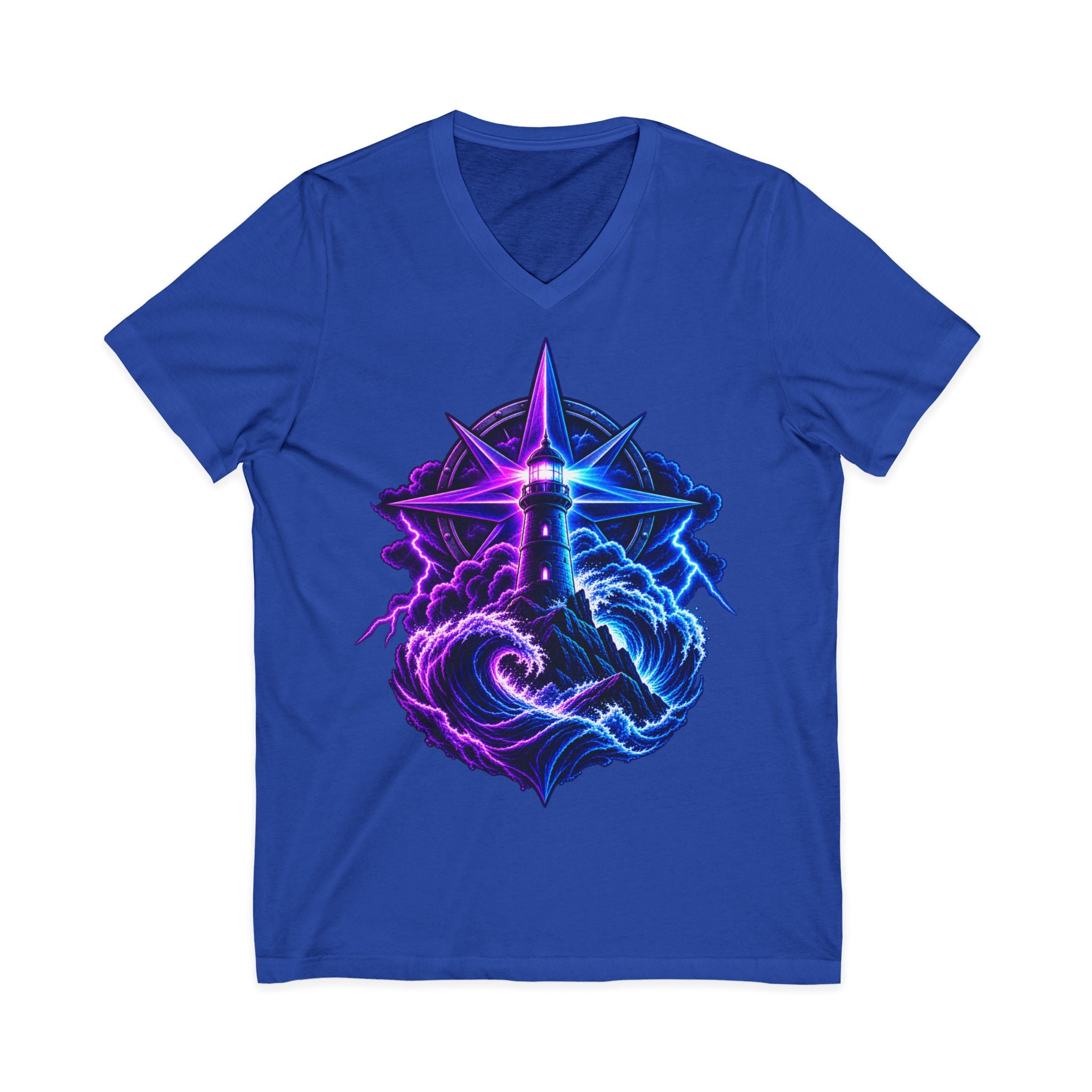 Lighthouse Starwave V‑Neck Tee — Neon Nautical Lighthouse Graphic
