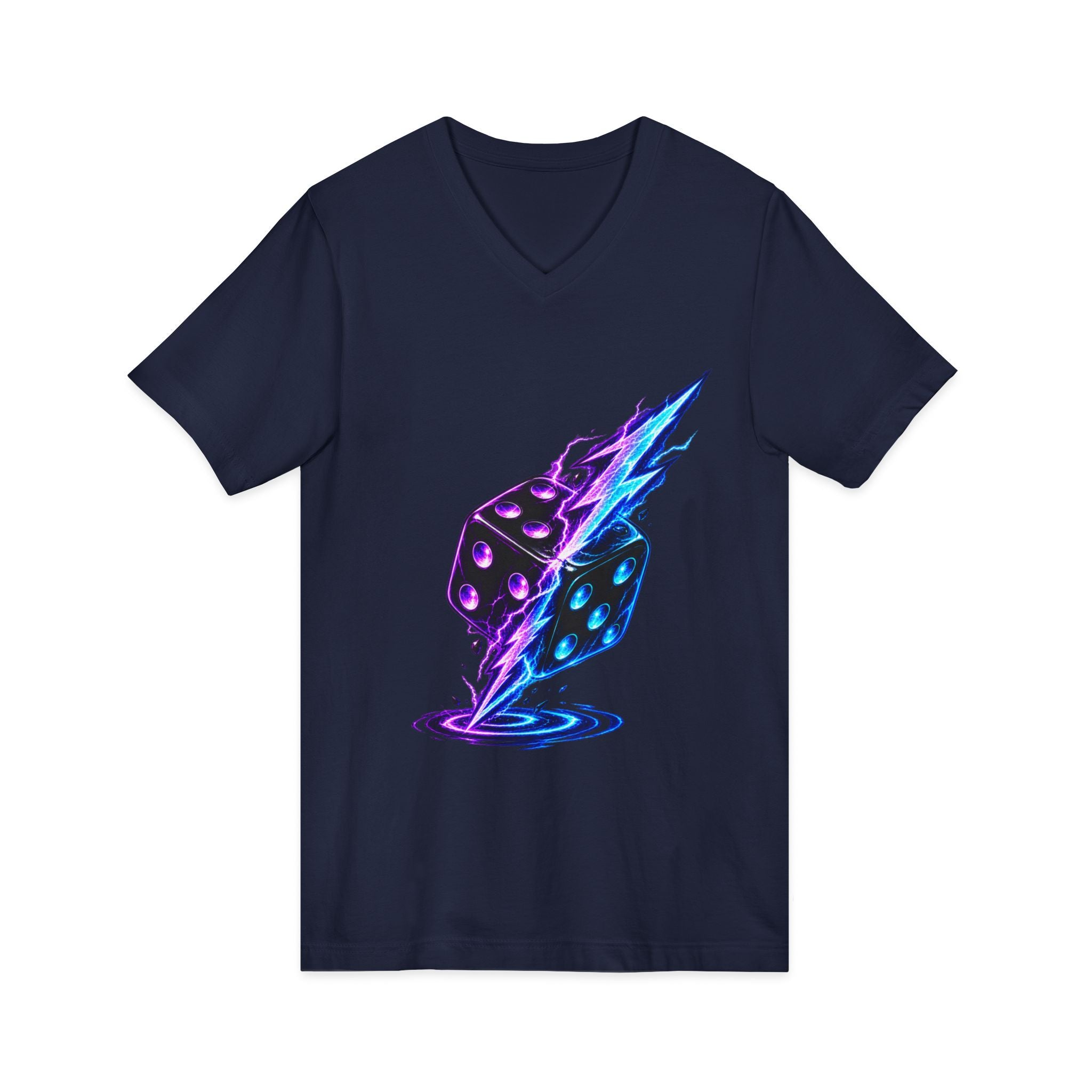 Lightning Dice V‑Neck Tee — Neon Gaming Dice Graphic Shirt