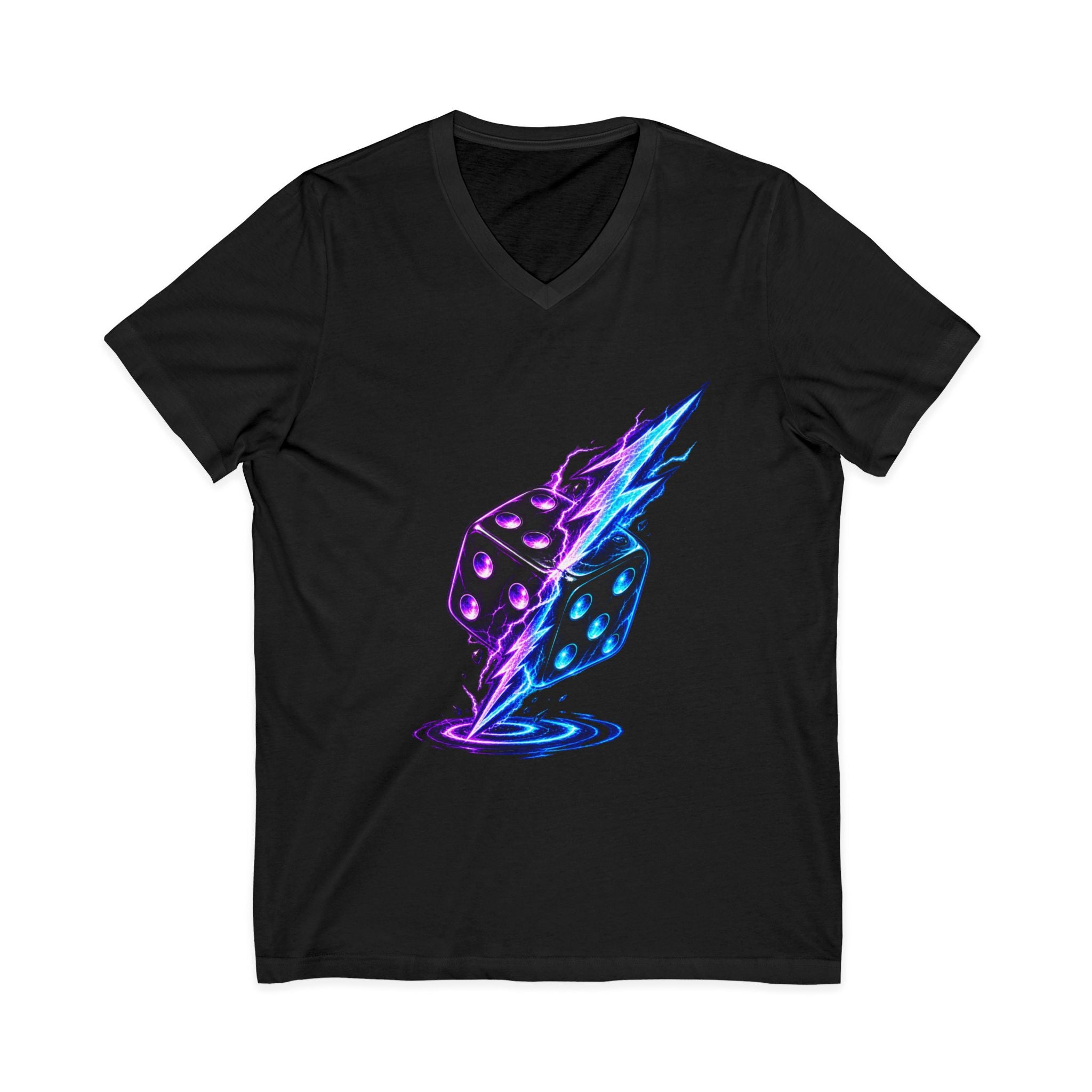 Lightning Dice V‑Neck Tee — Neon Gaming Dice Graphic Shirt