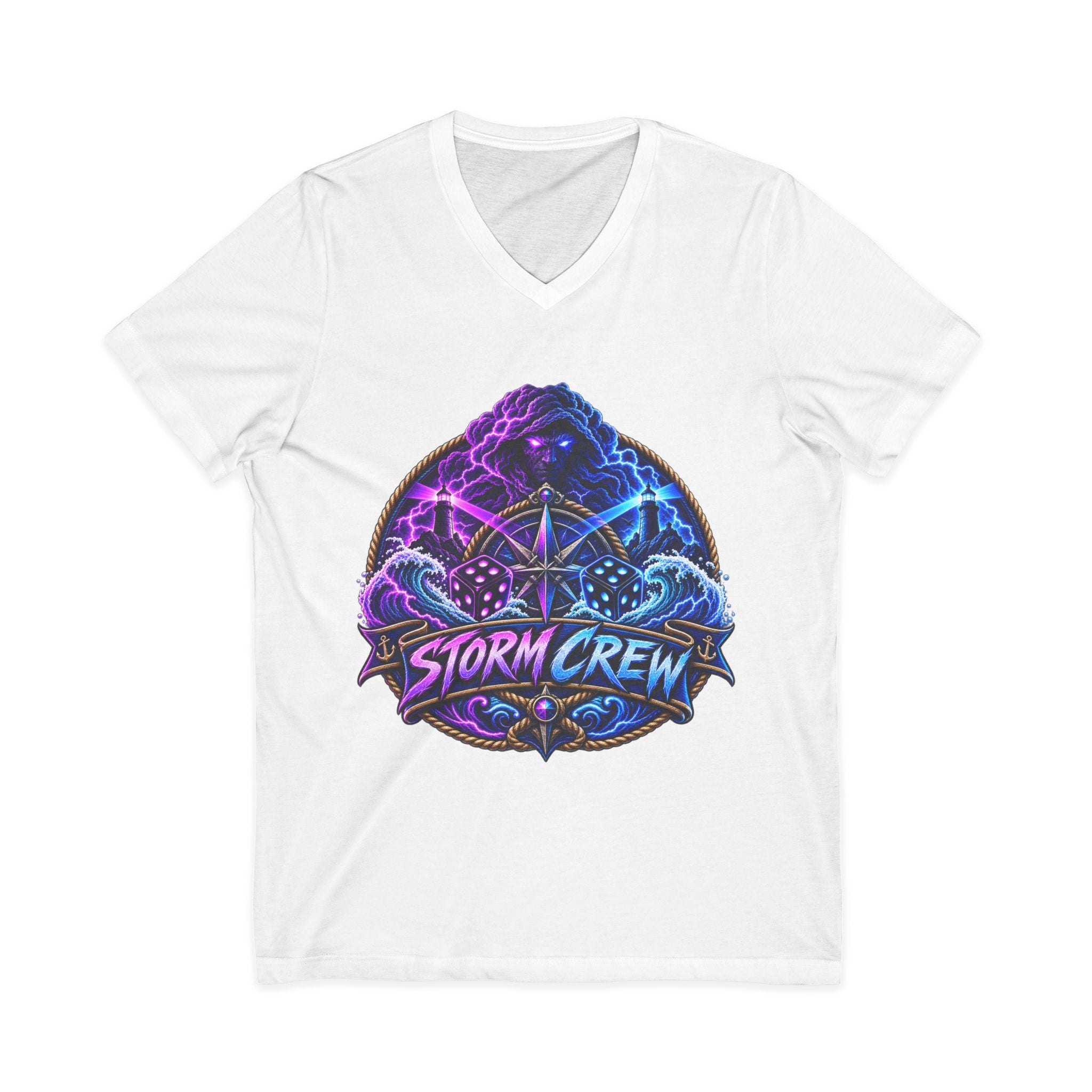 Storm Crew V-Neck Tee — Neon Lightning Graphic Shirt for Gamers & Weather Fans