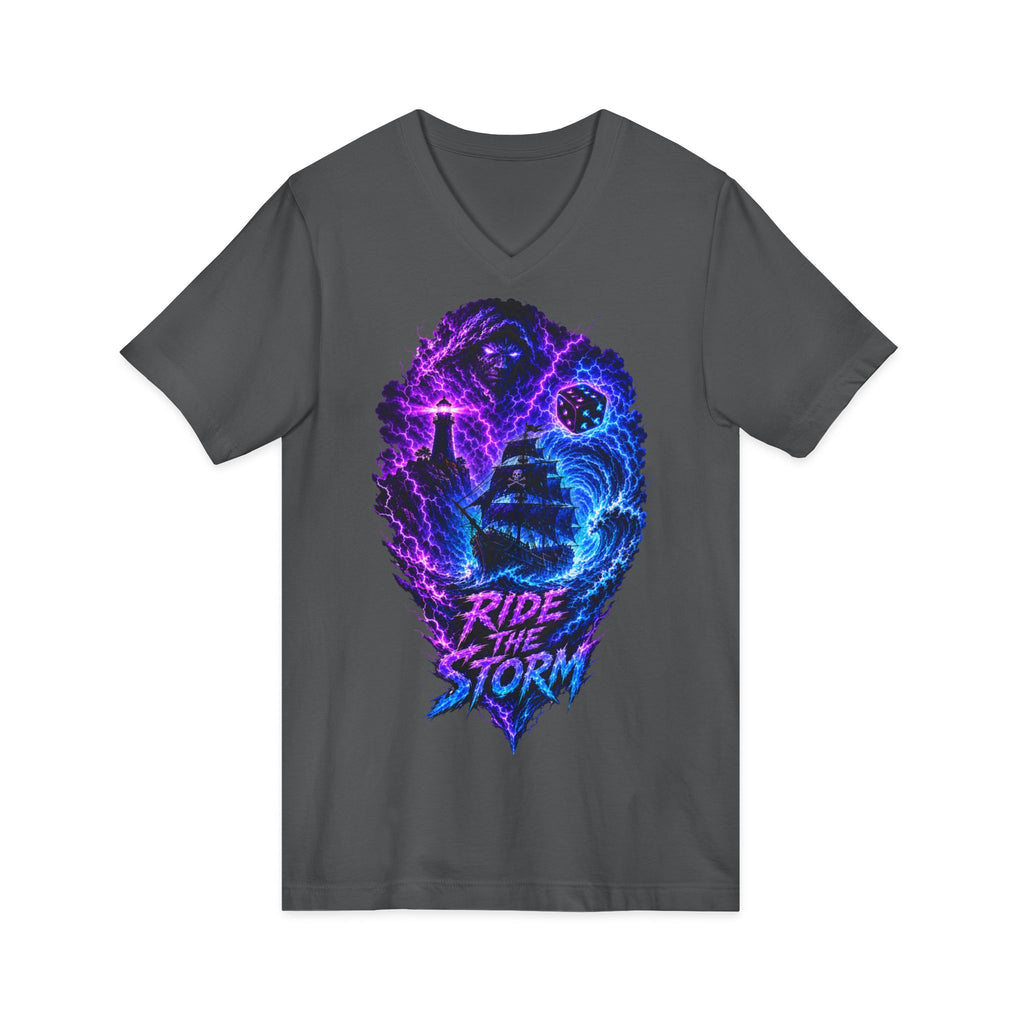 Ride the Storm V-Neck Tee — Neon Surfer Skull Graphic