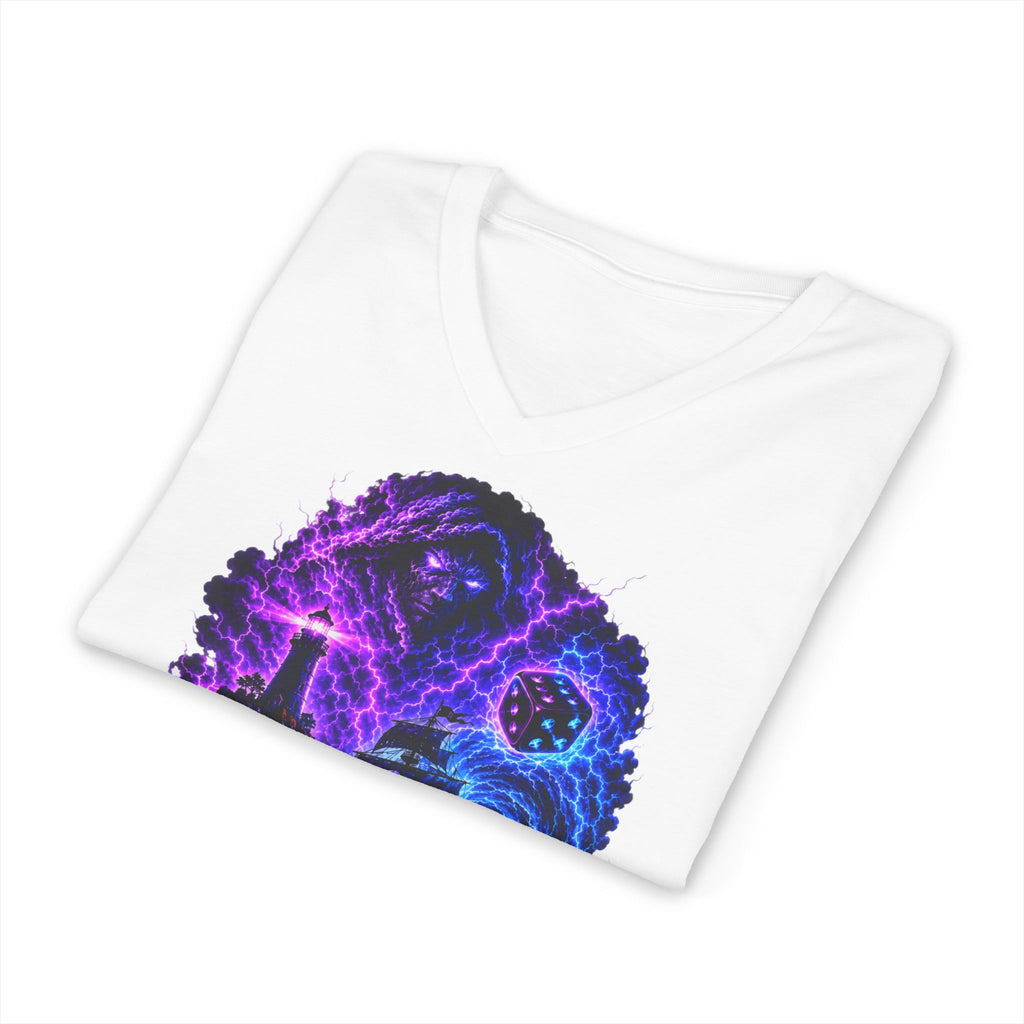 Ride the Storm V-Neck Tee — Neon Surfer Skull Graphic