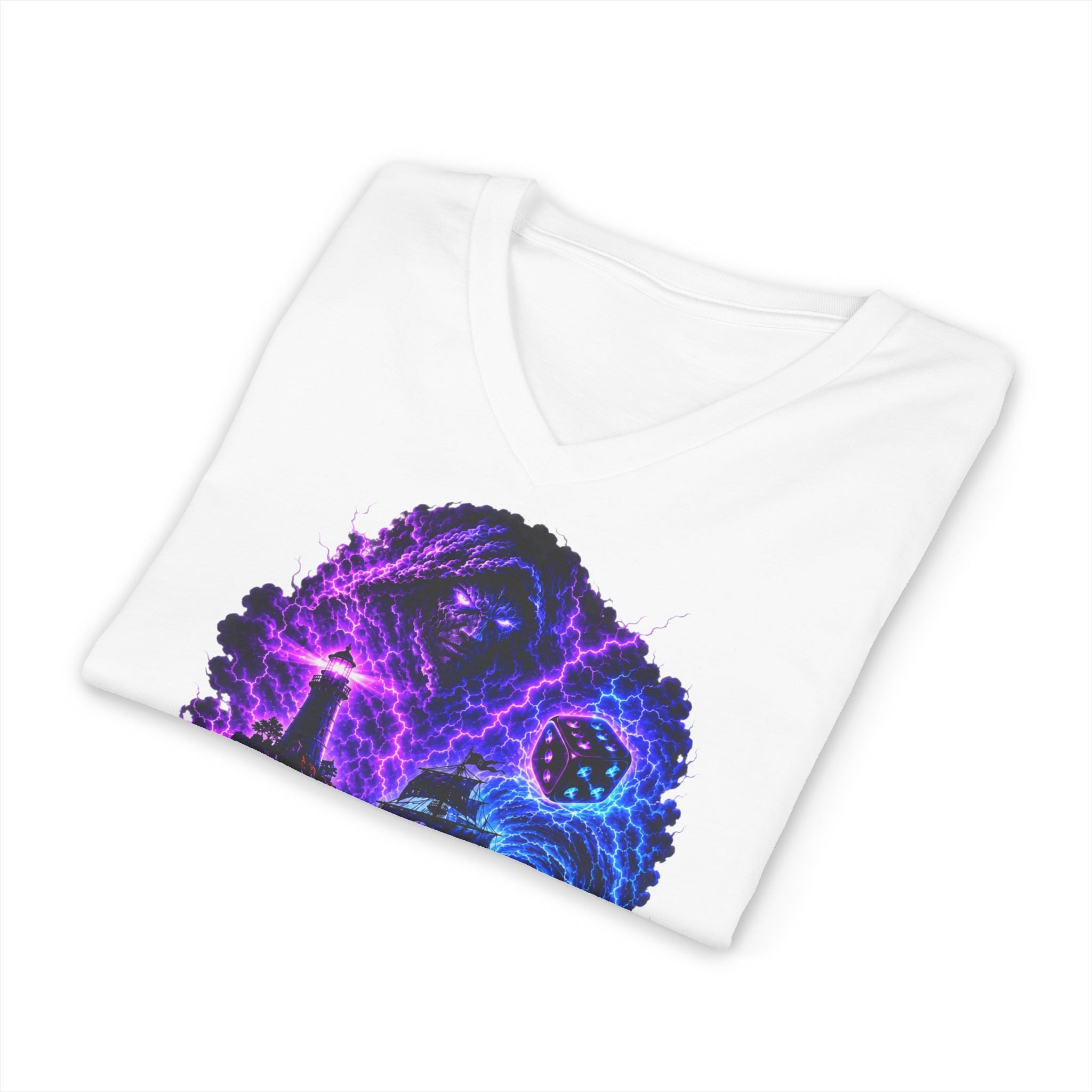 Ride the Storm V-Neck Tee — Neon Surfer Skull Graphic