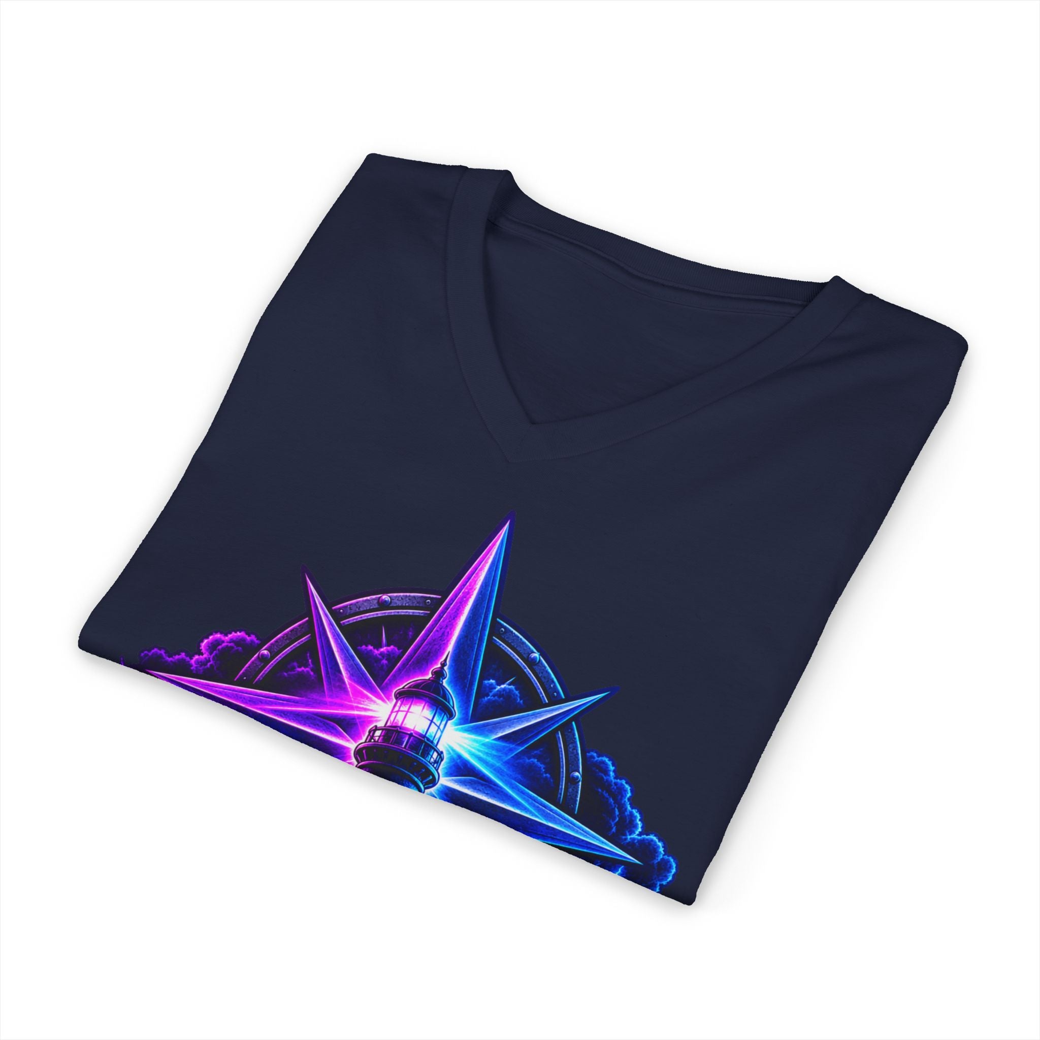 Lighthouse Starwave V‑Neck Tee — Neon Nautical Lighthouse Graphic