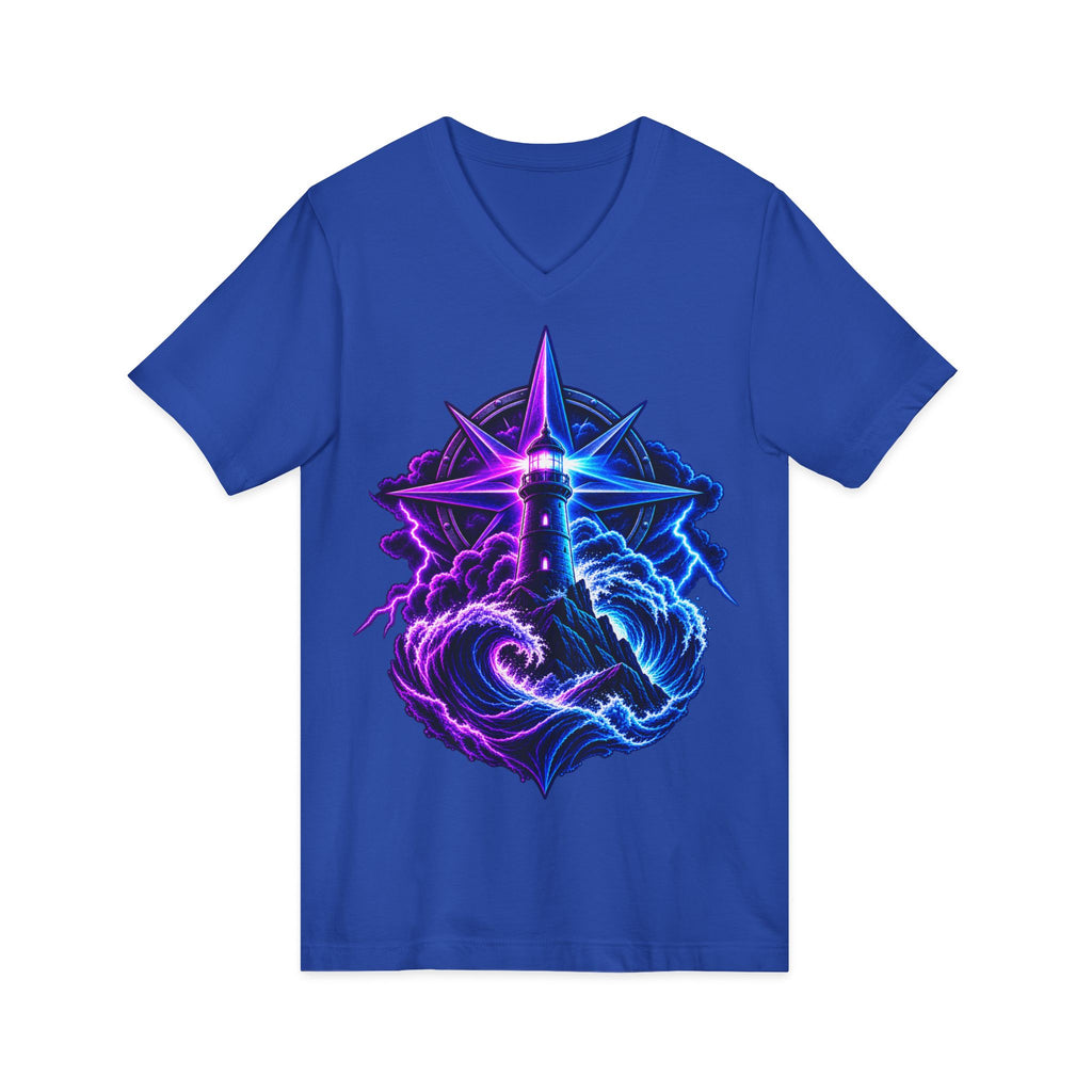 Lighthouse Starwave V‑Neck Tee — Neon Nautical Lighthouse Graphic