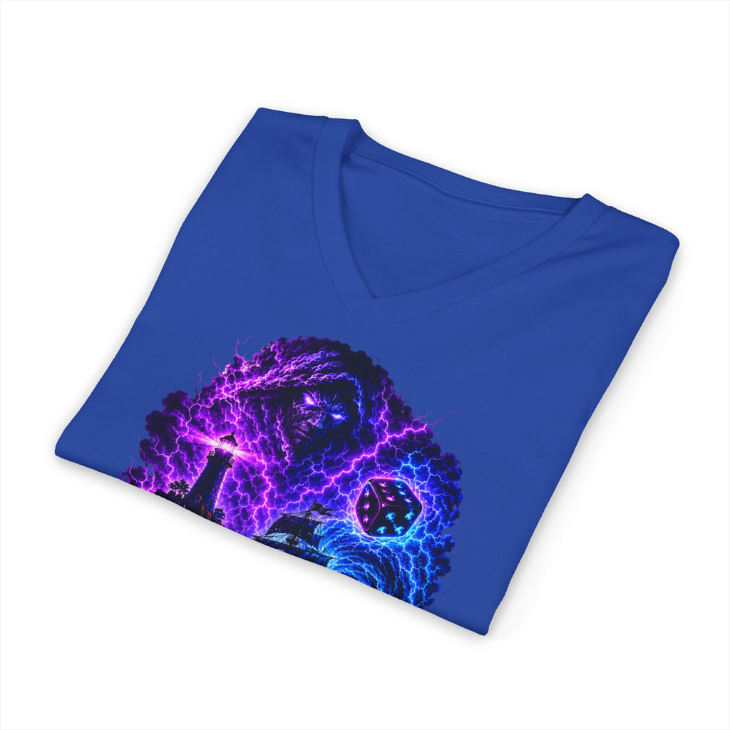 Ride the Storm V-Neck Tee — Neon Surfer Skull Graphic