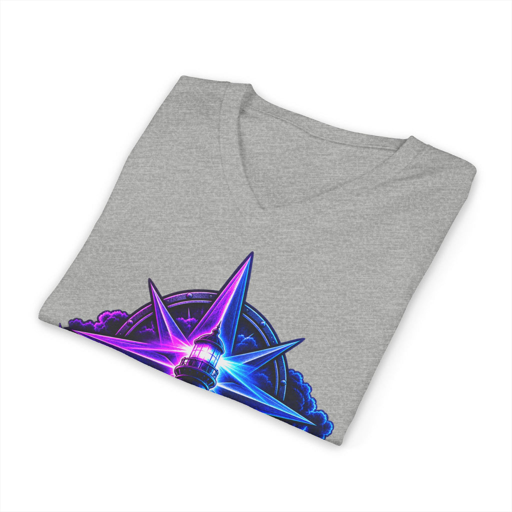 Lighthouse Starwave V‑Neck Tee — Neon Nautical Lighthouse Graphic