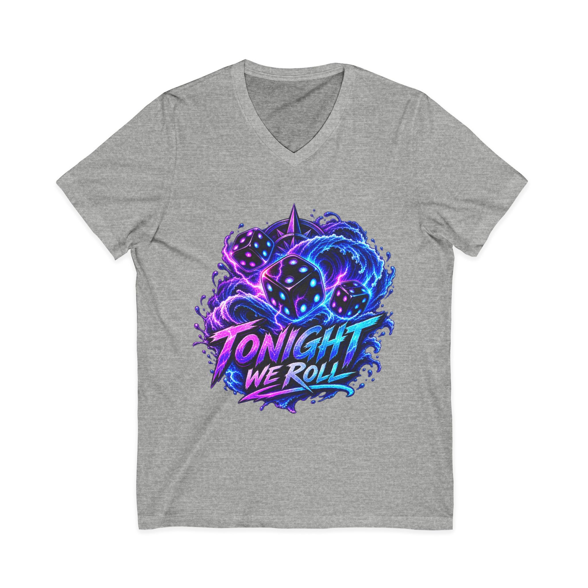 Tonight We Roll V-Neck Tee — Neon Dice Graphic Shirt for Gamers & DnD Players