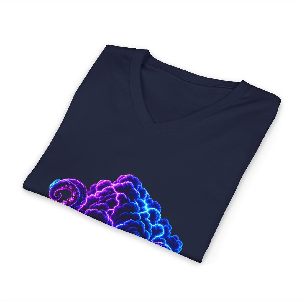 Octopus Nebula V-Neck Tee — Neon Galactic Octopus Graphic Shirt
