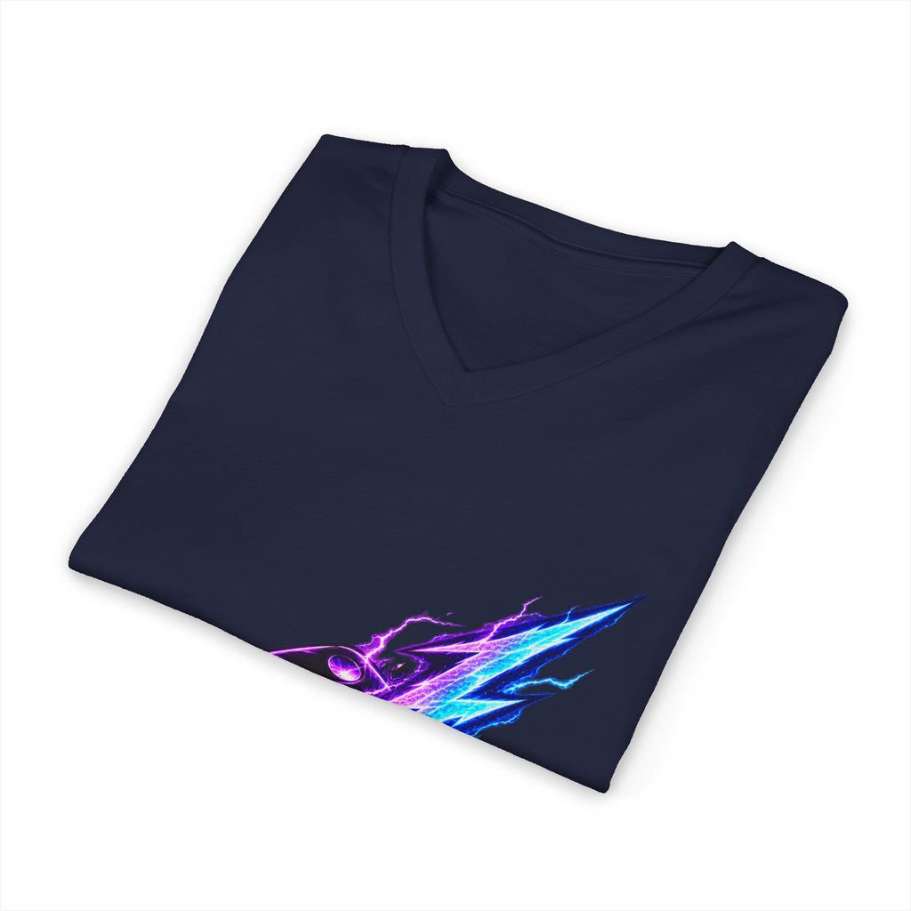 Lightning Dice V‑Neck Tee — Neon Gaming Dice Graphic Shirt