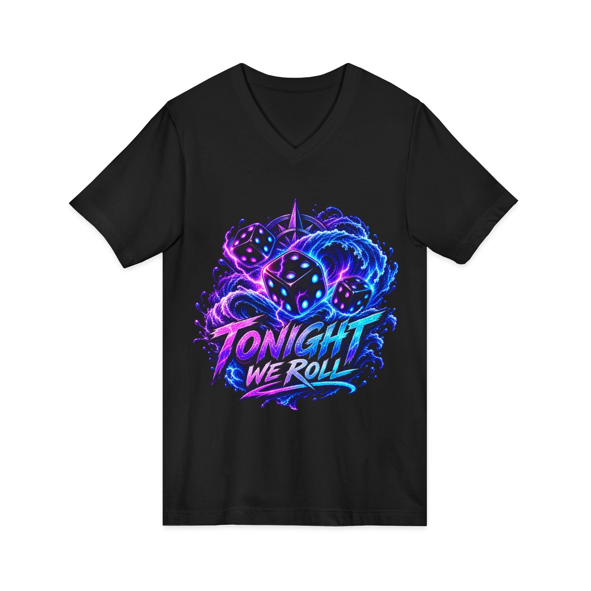 Tonight We Roll V-Neck Tee — Neon Dice Graphic Shirt for Gamers & DnD Players