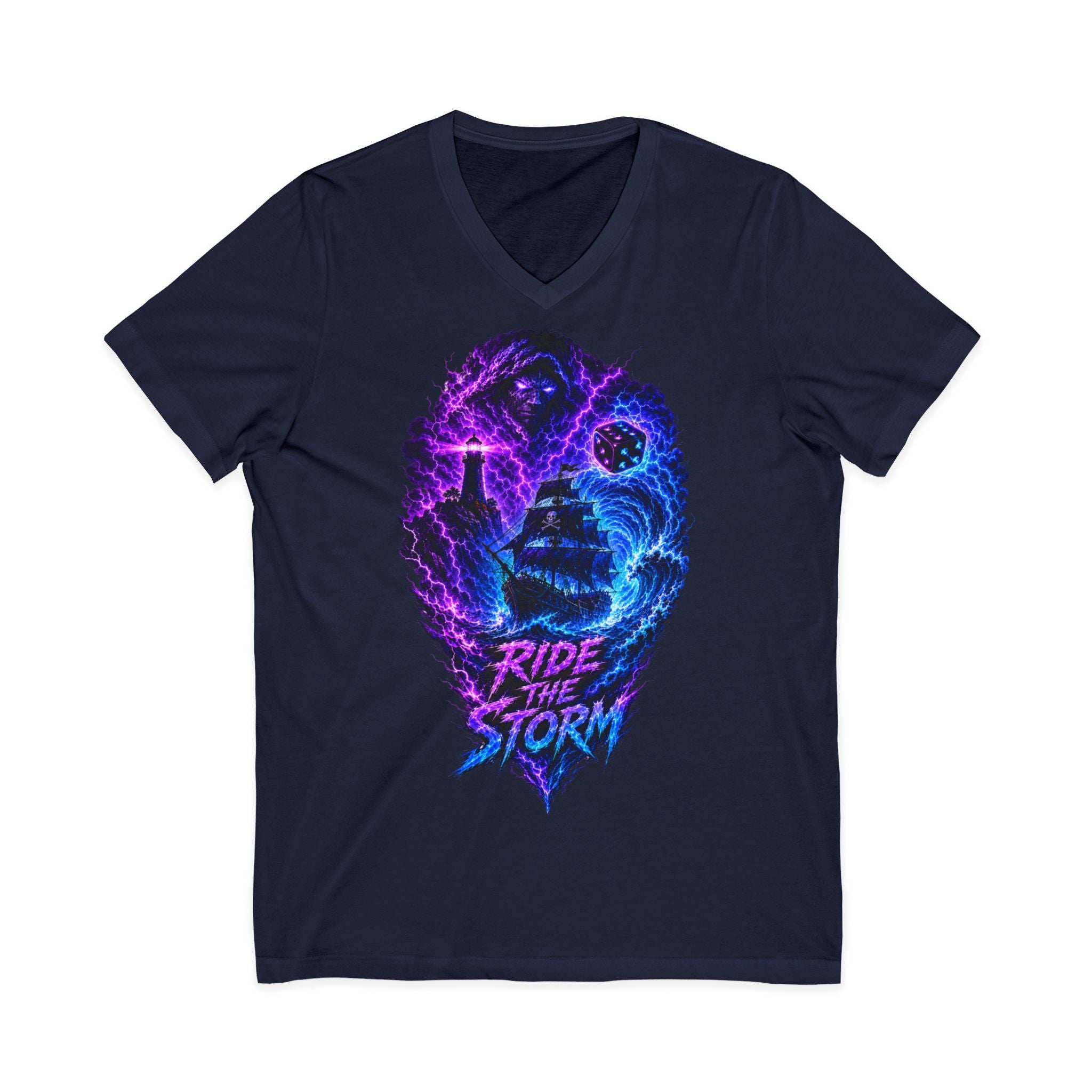 Ride the Storm V-Neck Tee — Neon Surfer Skull Graphic