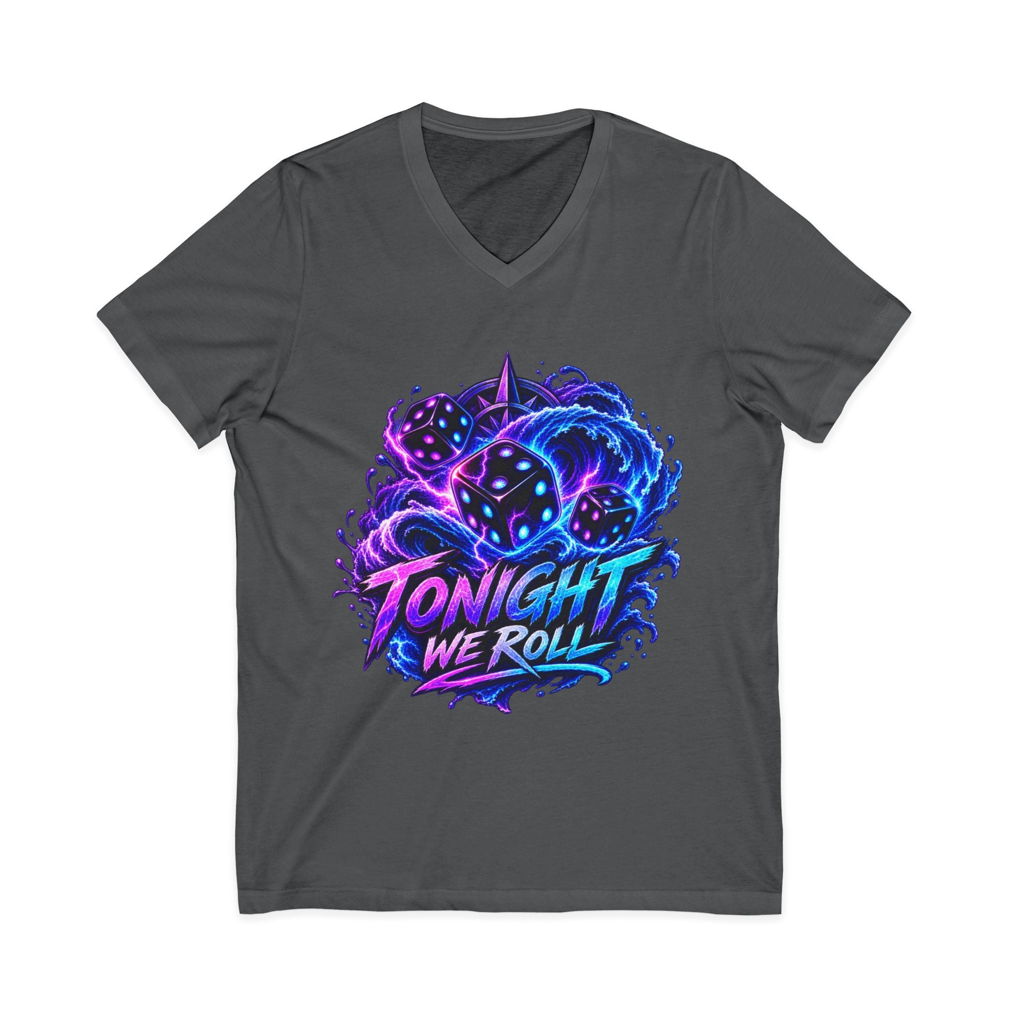 Tonight We Roll V-Neck Tee — Neon Dice Graphic Shirt for Gamers & DnD Players