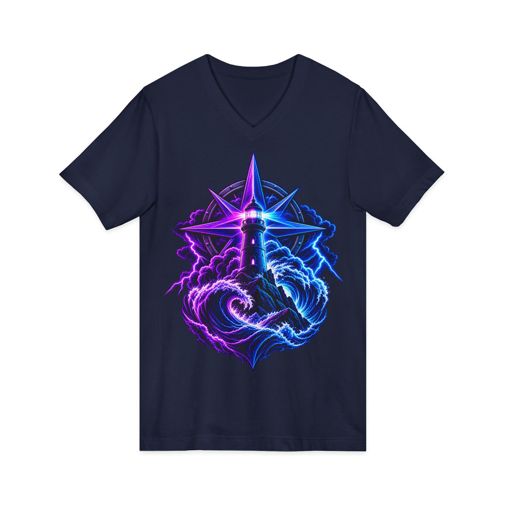 Lighthouse Starwave V‑Neck Tee — Neon Nautical Lighthouse Graphic