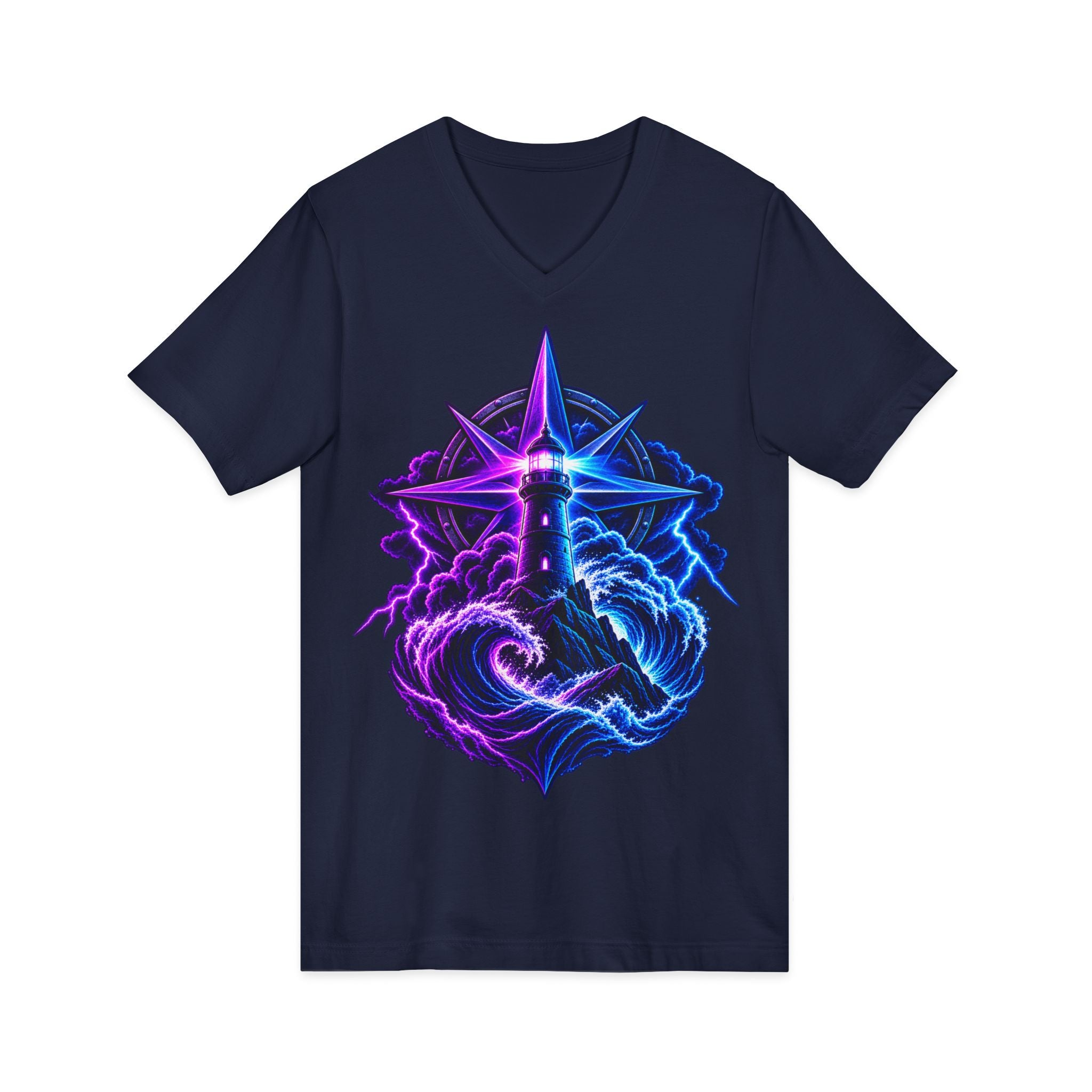 Lighthouse Starwave V‑Neck Tee — Neon Nautical Lighthouse Graphic