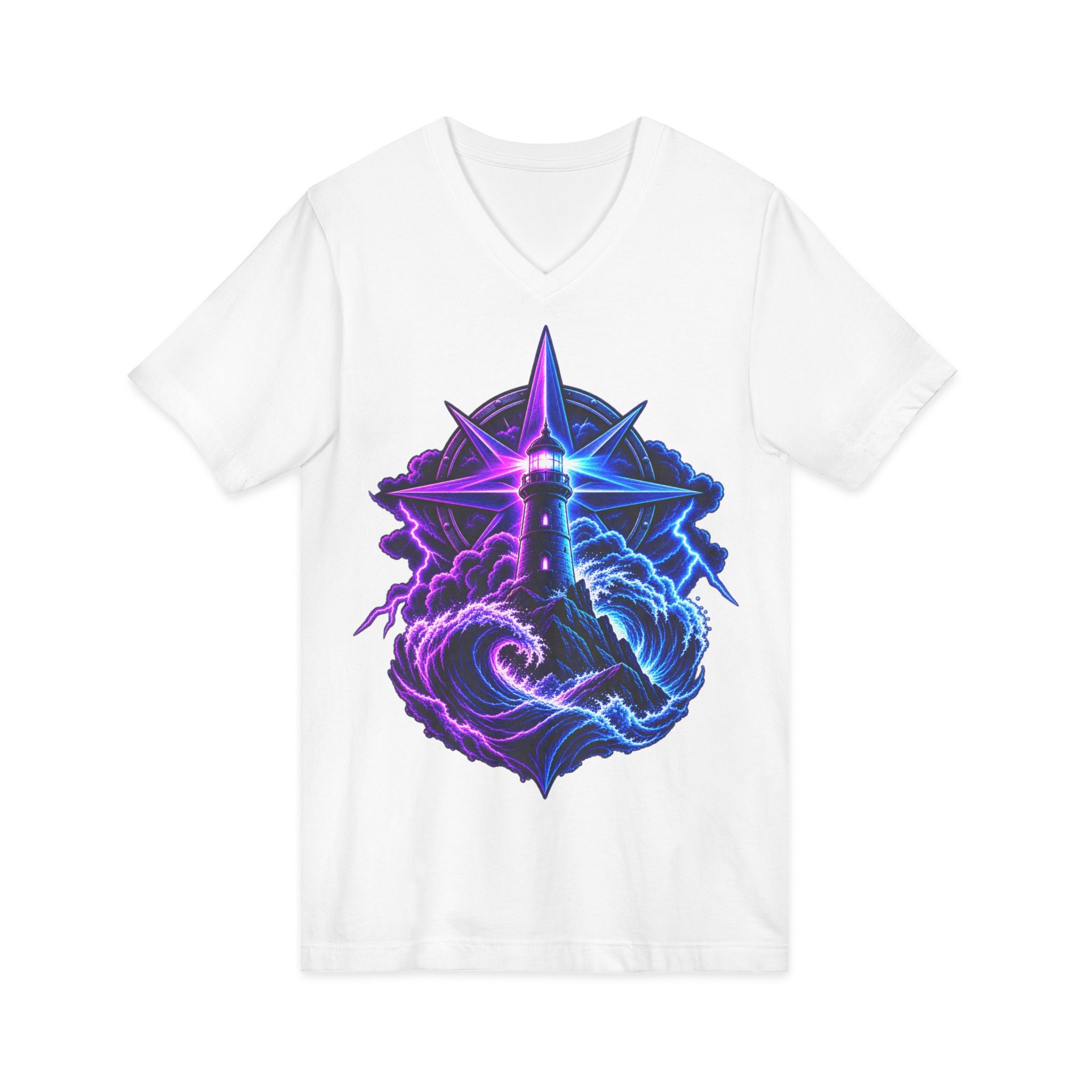 Lighthouse Starwave V‑Neck Tee — Neon Nautical Lighthouse Graphic