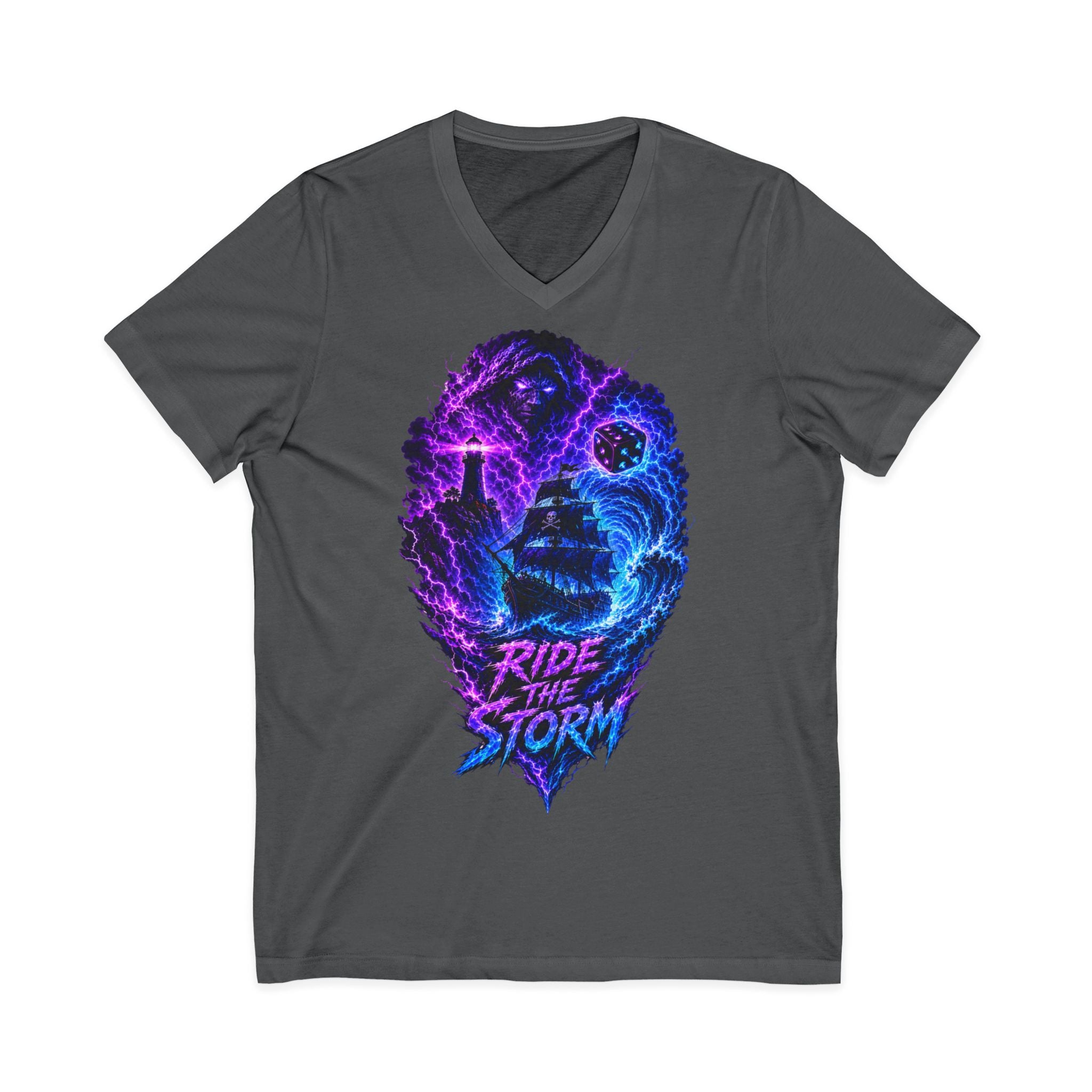 Ride the Storm V-Neck Tee — Neon Surfer Skull Graphic