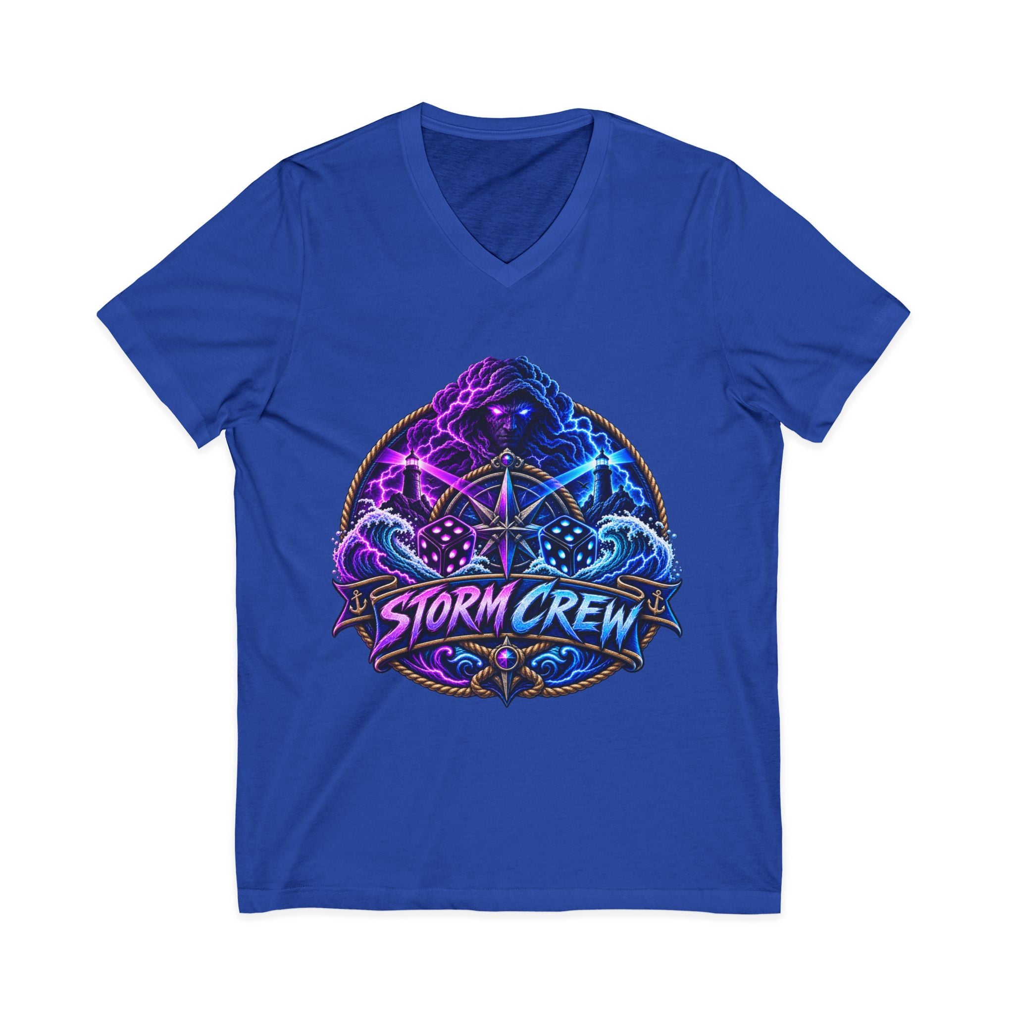 Storm Crew V-Neck Tee — Neon Lightning Graphic Shirt for Gamers & Weather Fans