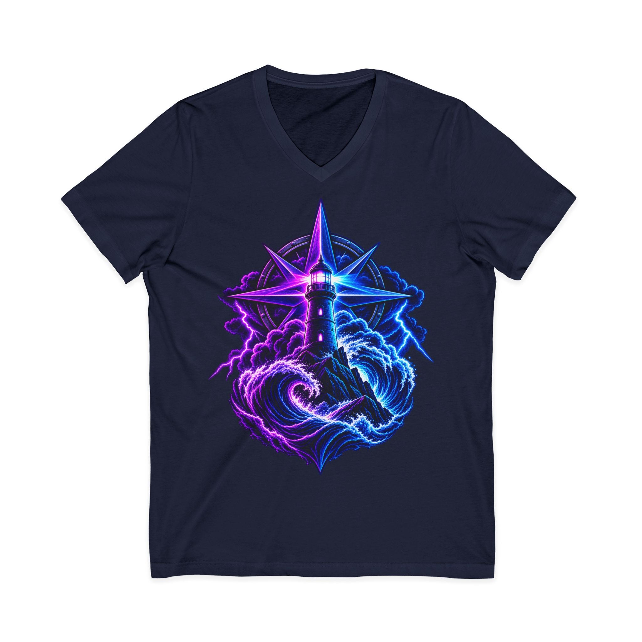 Lighthouse Starwave V‑Neck Tee — Neon Nautical Lighthouse Graphic