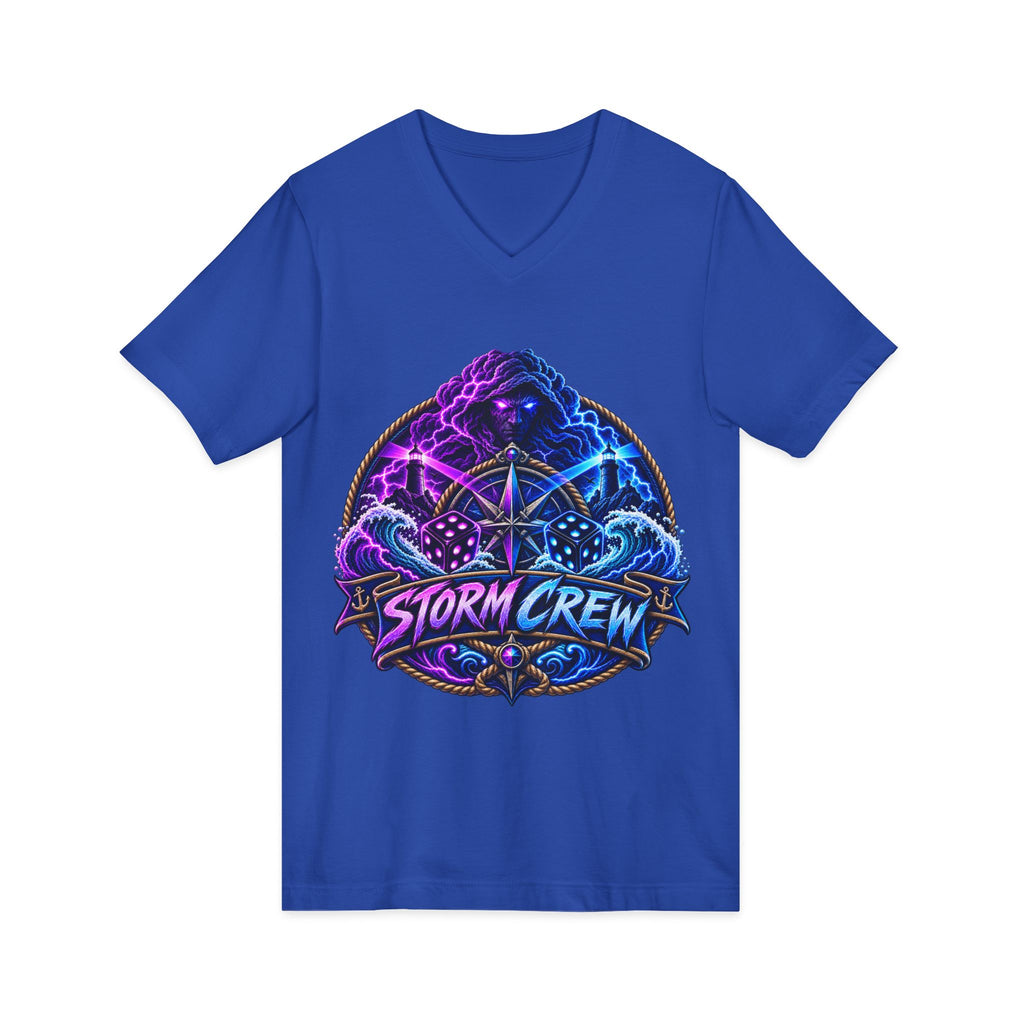 Storm Crew V-Neck Tee — Neon Lightning Graphic Shirt for Gamers & Weather Fans