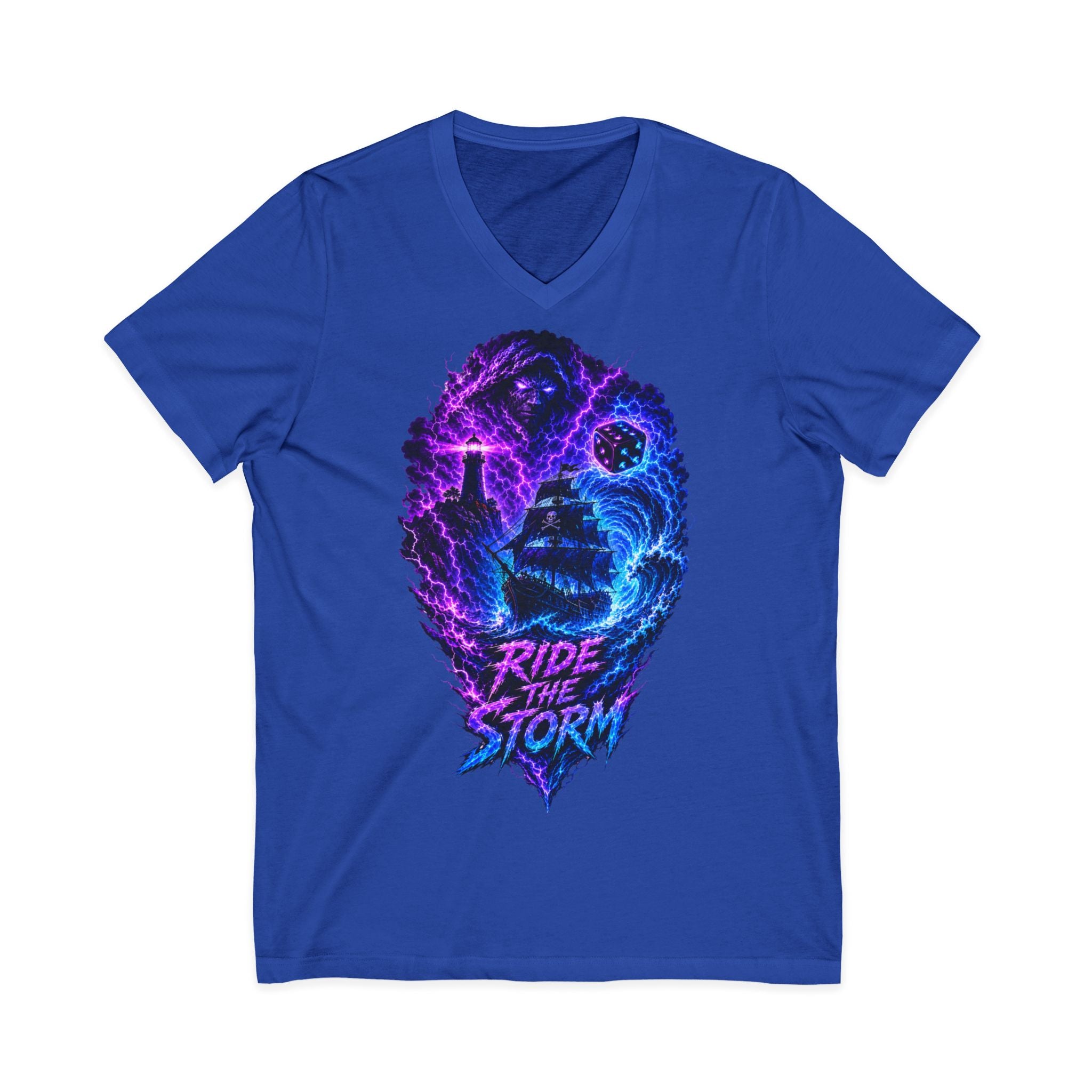 Ride the Storm V-Neck Tee — Neon Surfer Skull Graphic