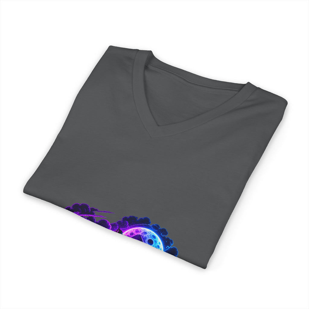 Vampire Night Surf V-Neck Tee — Neon Gothic Moon Graphic