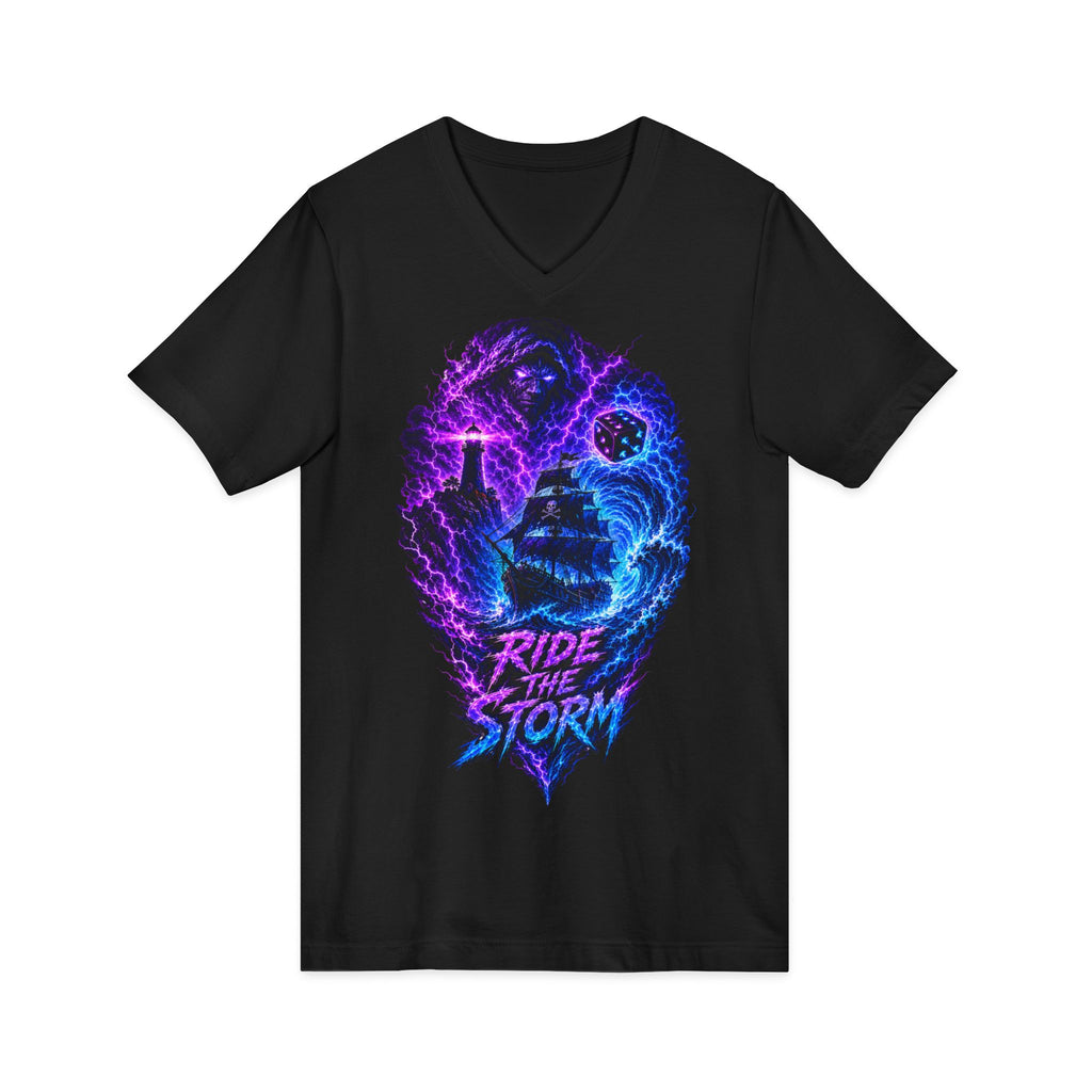 Ride the Storm V-Neck Tee — Neon Surfer Skull Graphic