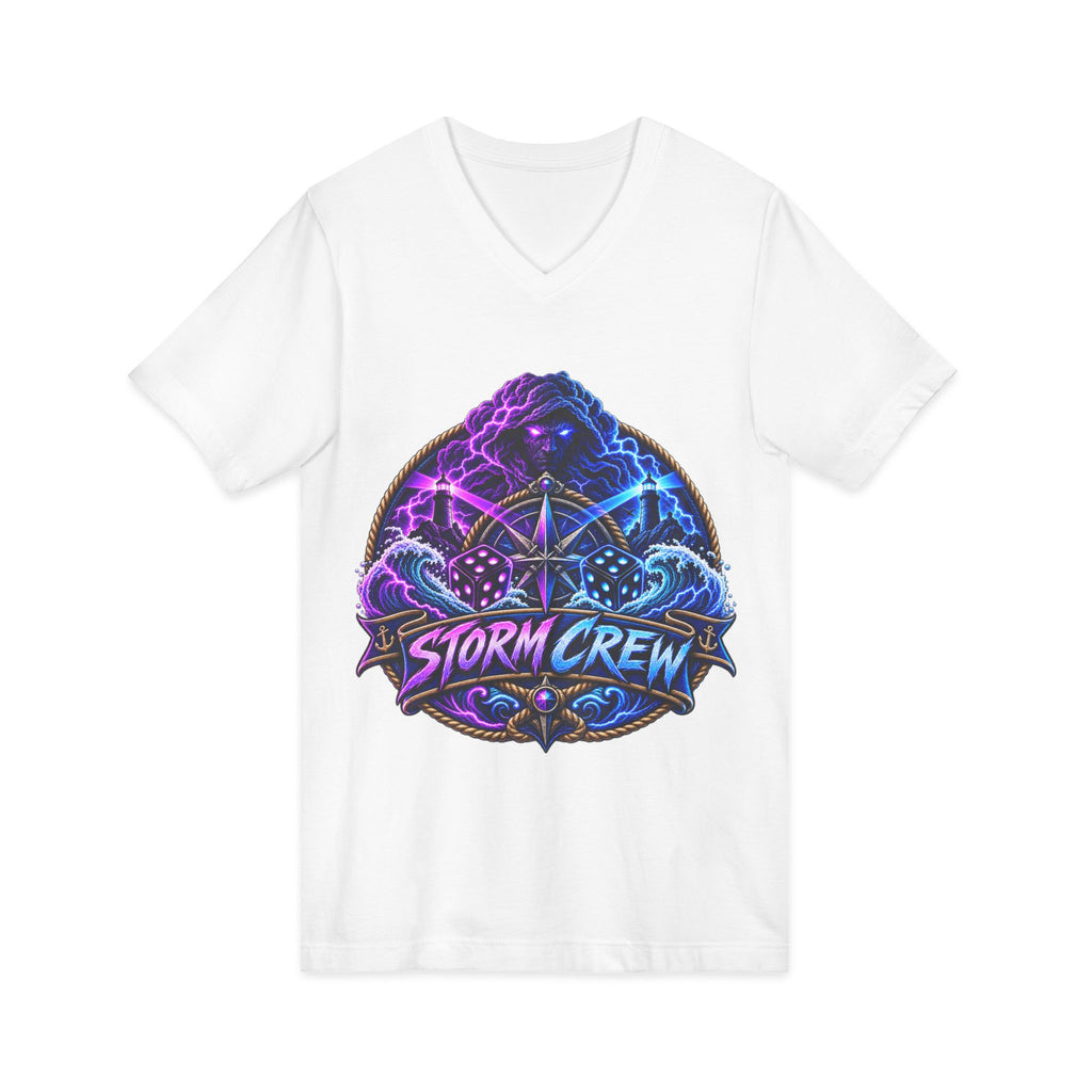 Storm Crew V-Neck Tee — Neon Lightning Graphic Shirt for Gamers & Weather Fans