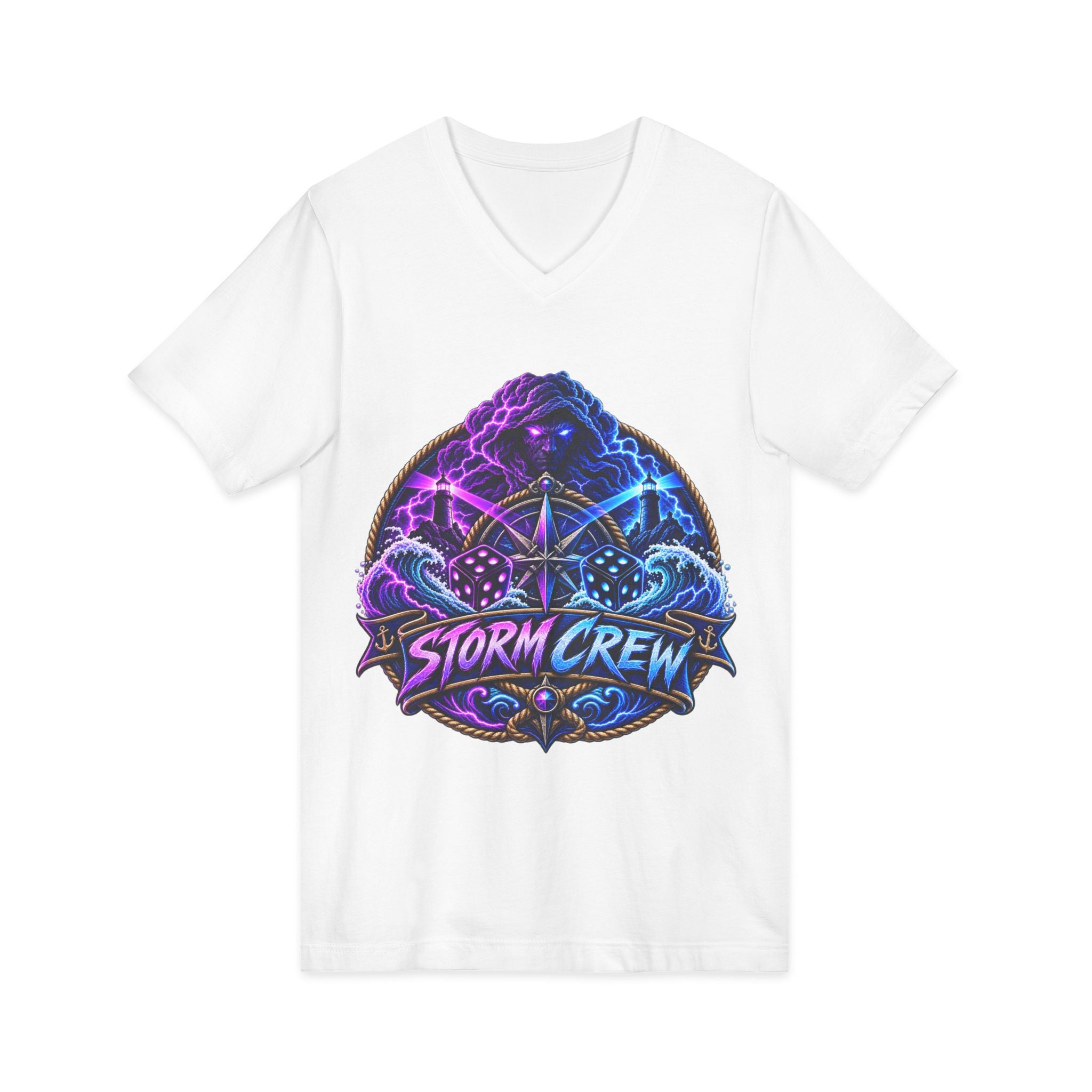 Storm Crew V-Neck Tee — Neon Lightning Graphic Shirt for Gamers & Weather Fans
