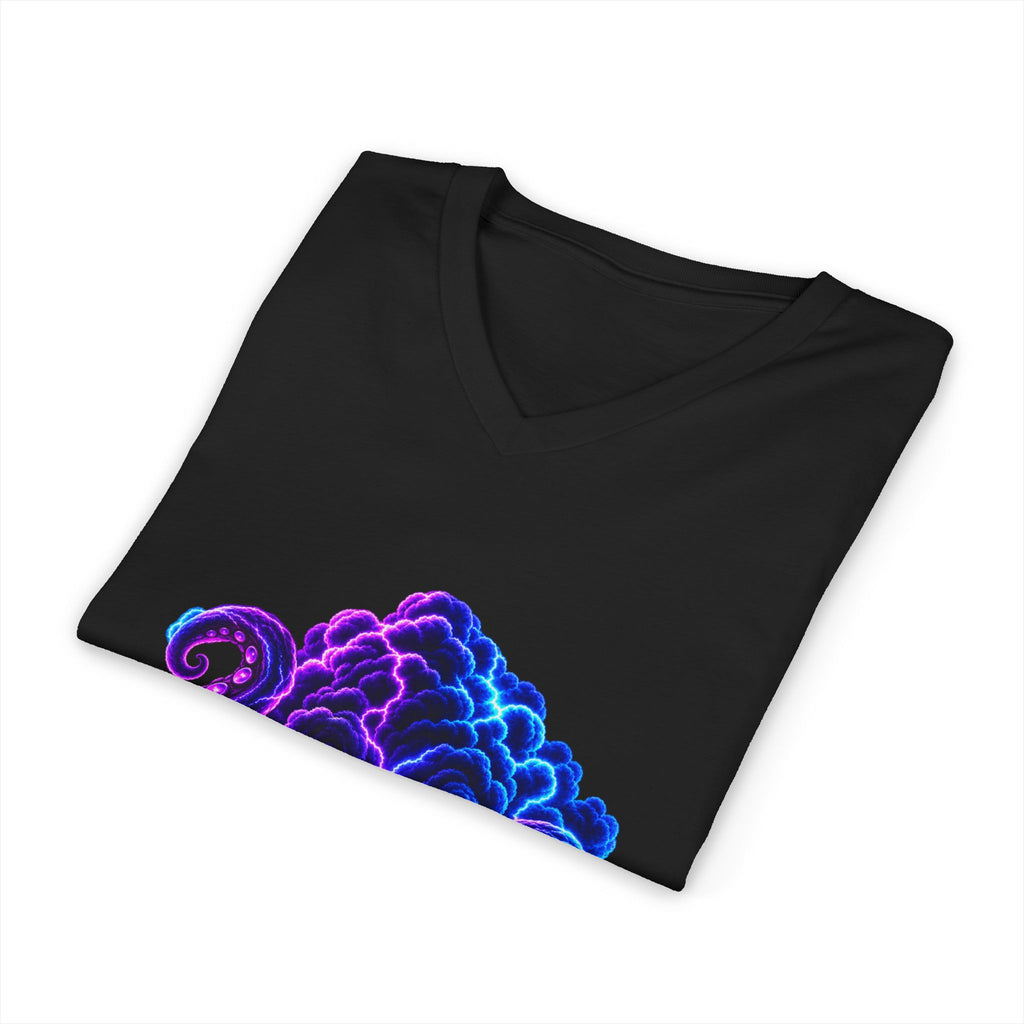 Octopus Nebula V-Neck Tee — Neon Galactic Octopus Graphic Shirt