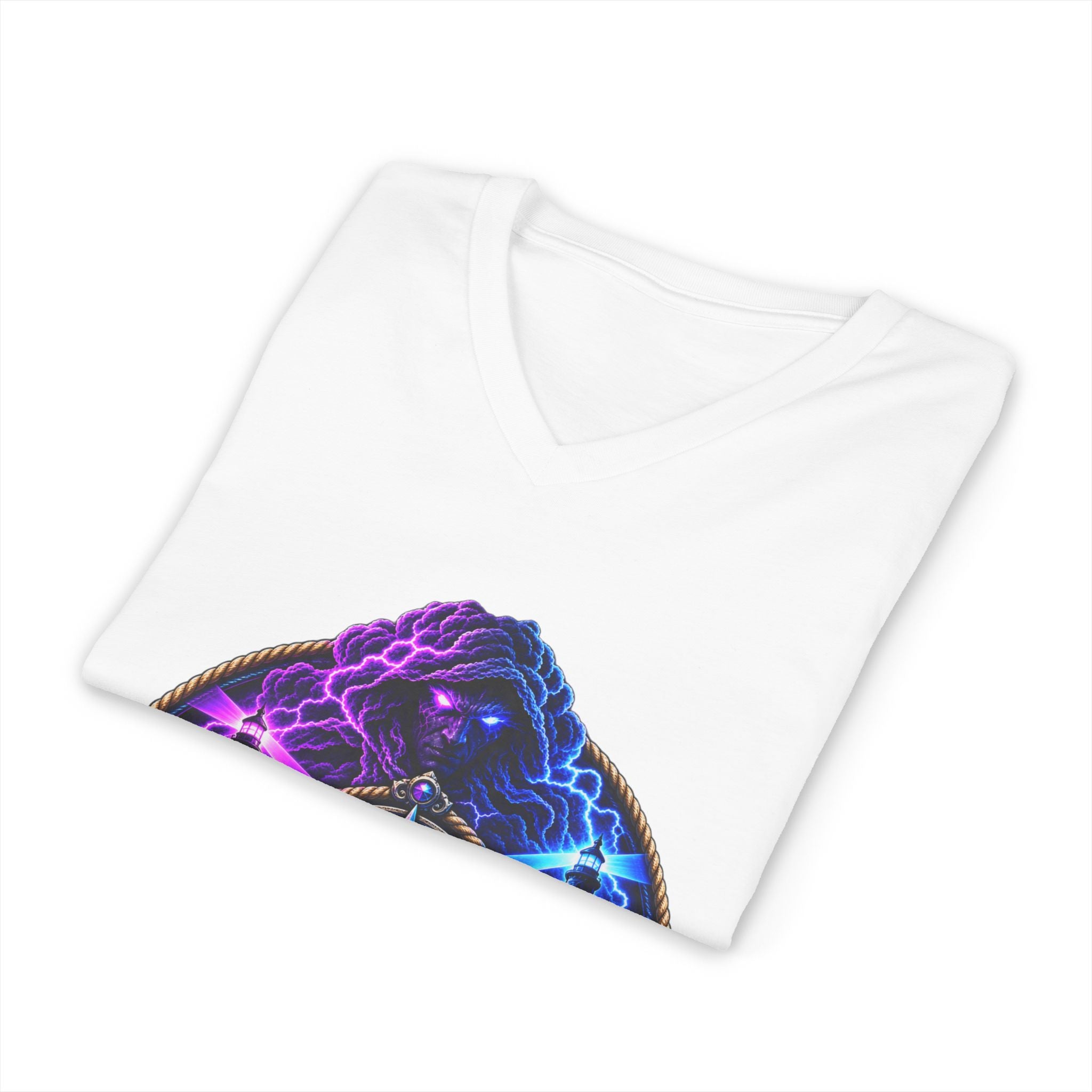 Storm Crew V-Neck Tee — Neon Lightning Graphic Shirt for Gamers & Weather Fans