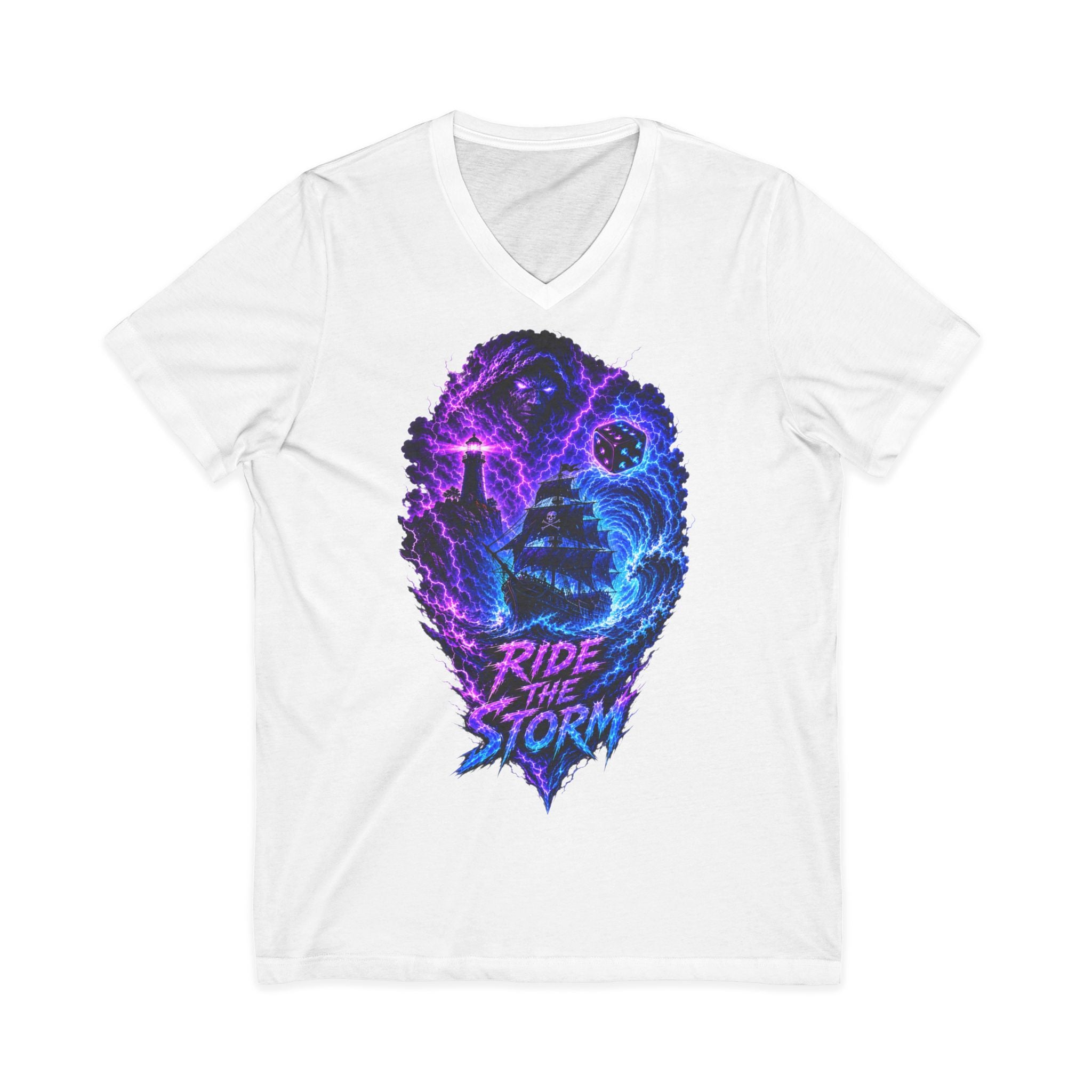 Ride the Storm V-Neck Tee — Neon Surfer Skull Graphic