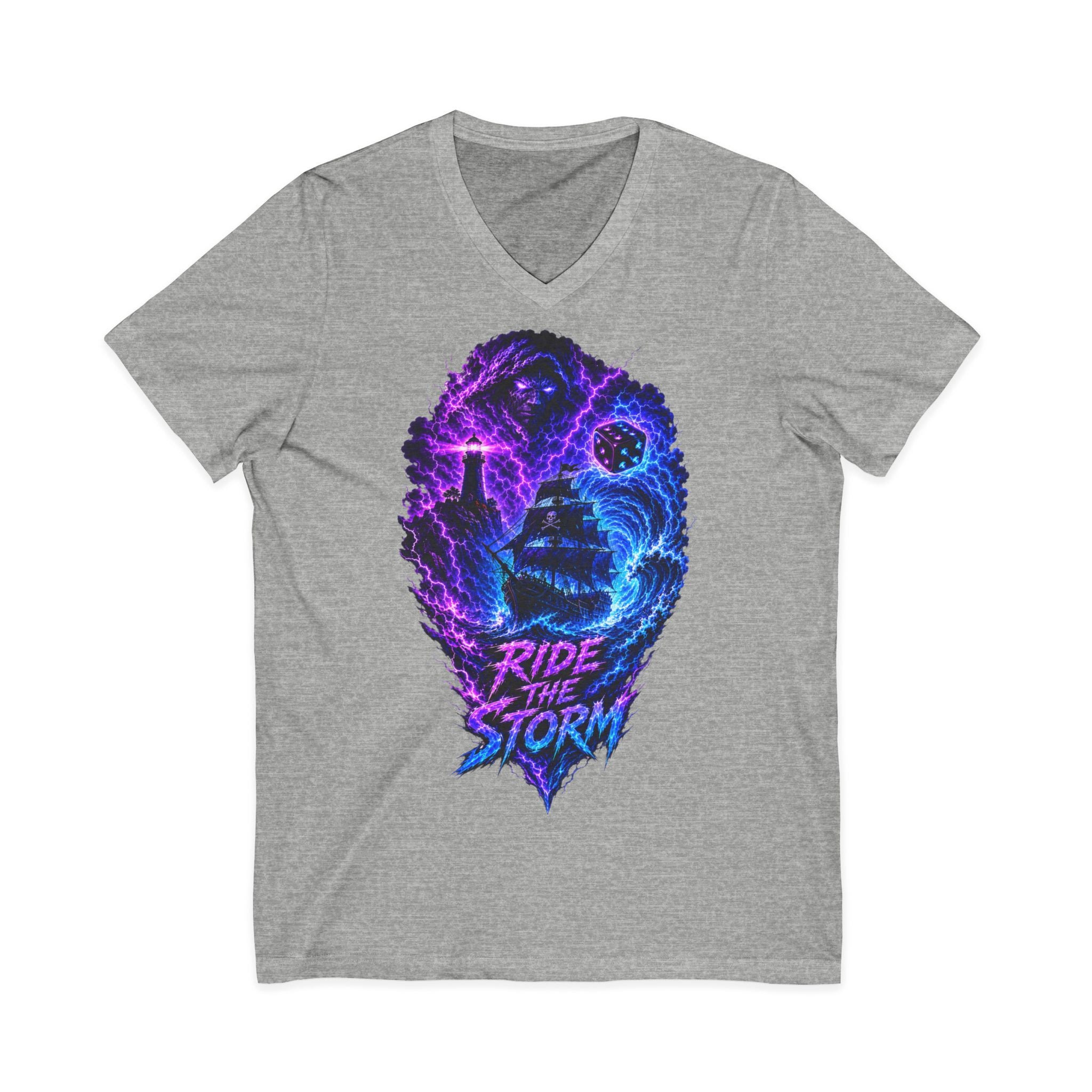Ride the Storm V-Neck Tee — Neon Surfer Skull Graphic