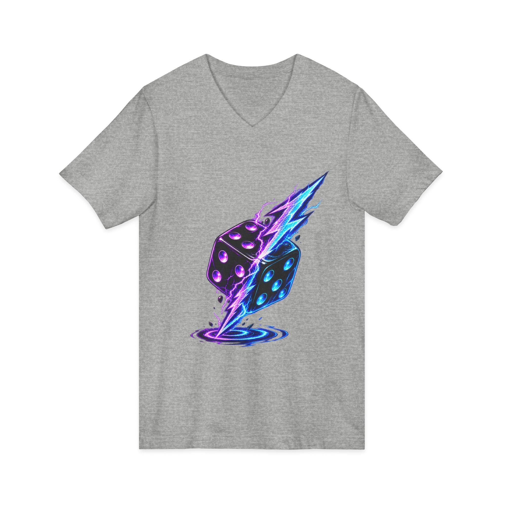 Lightning Dice V‑Neck Tee — Neon Gaming Dice Graphic Shirt