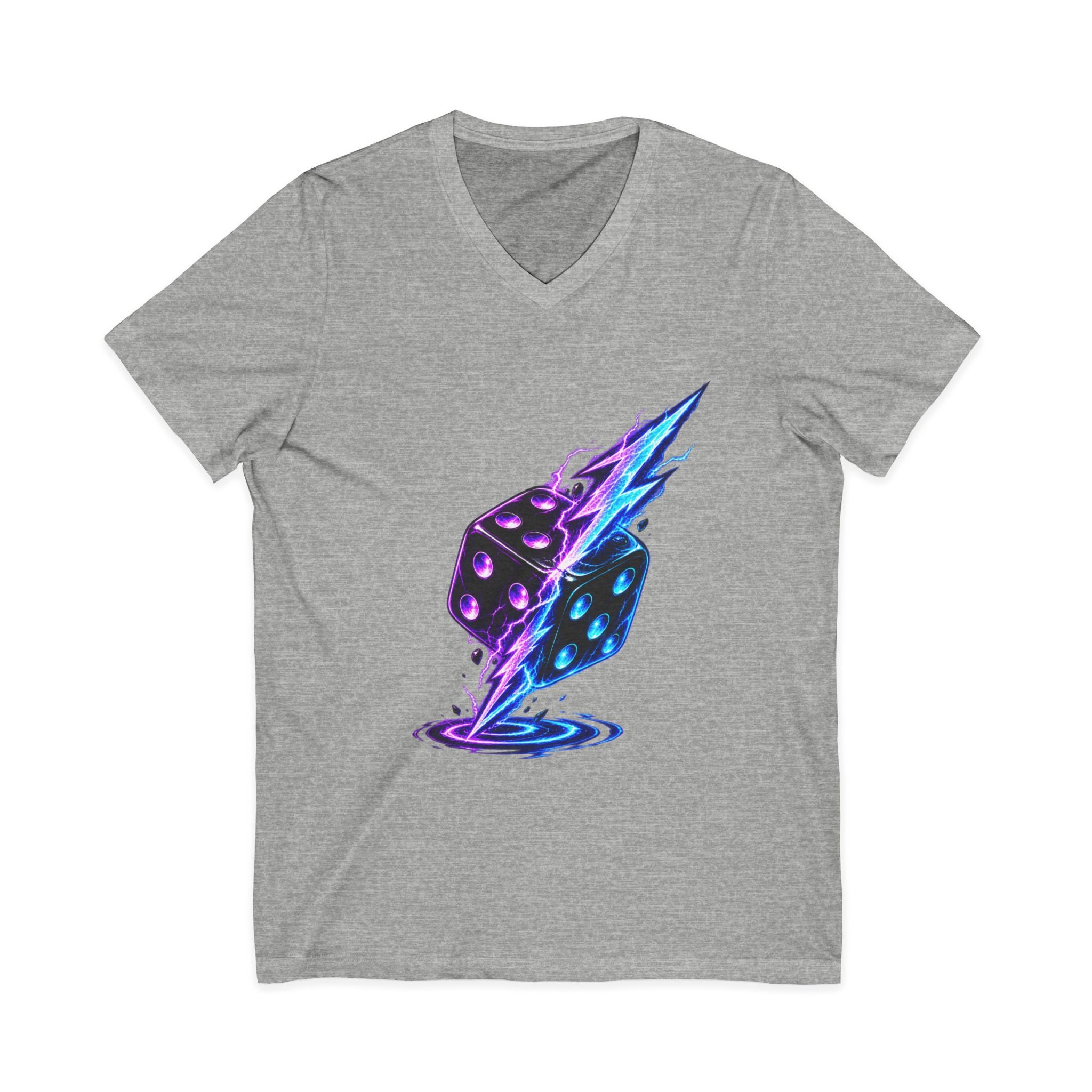 Lightning Dice V‑Neck Tee — Neon Gaming Dice Graphic Shirt